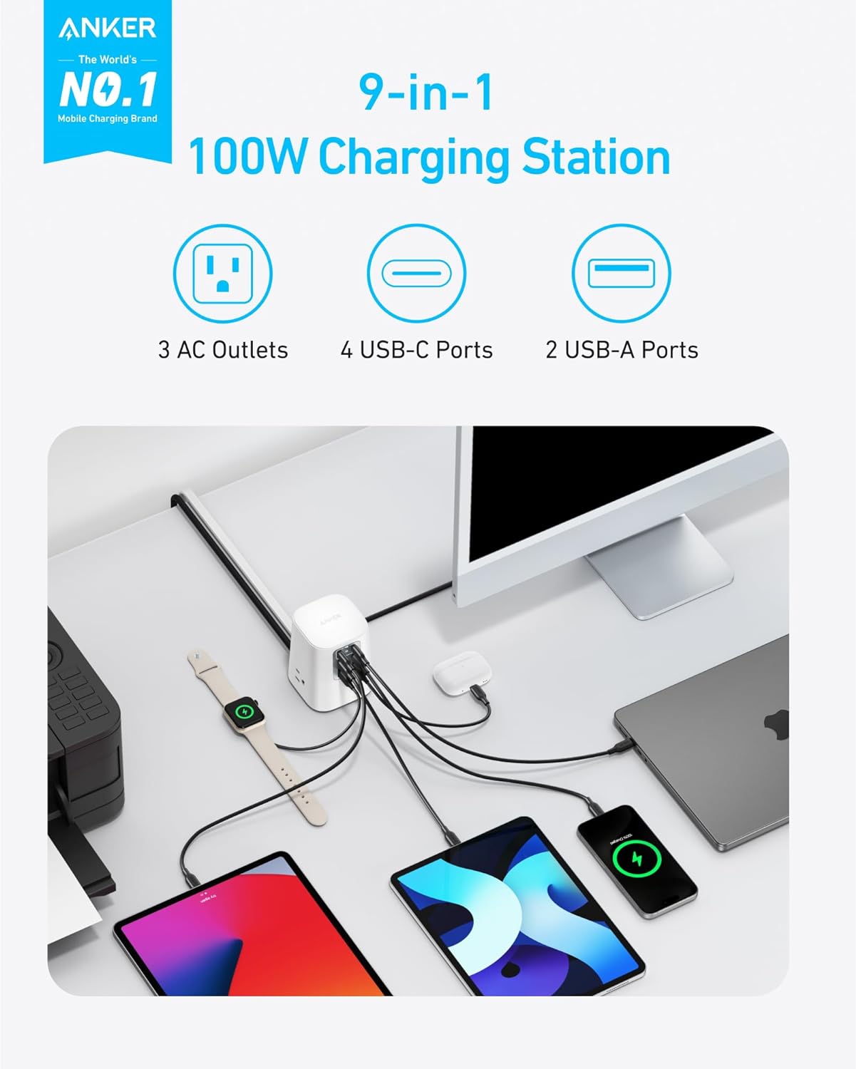 REGLETA ANKER DESKTOP CHARGER 9 EN 1 100W BLANCO - 2