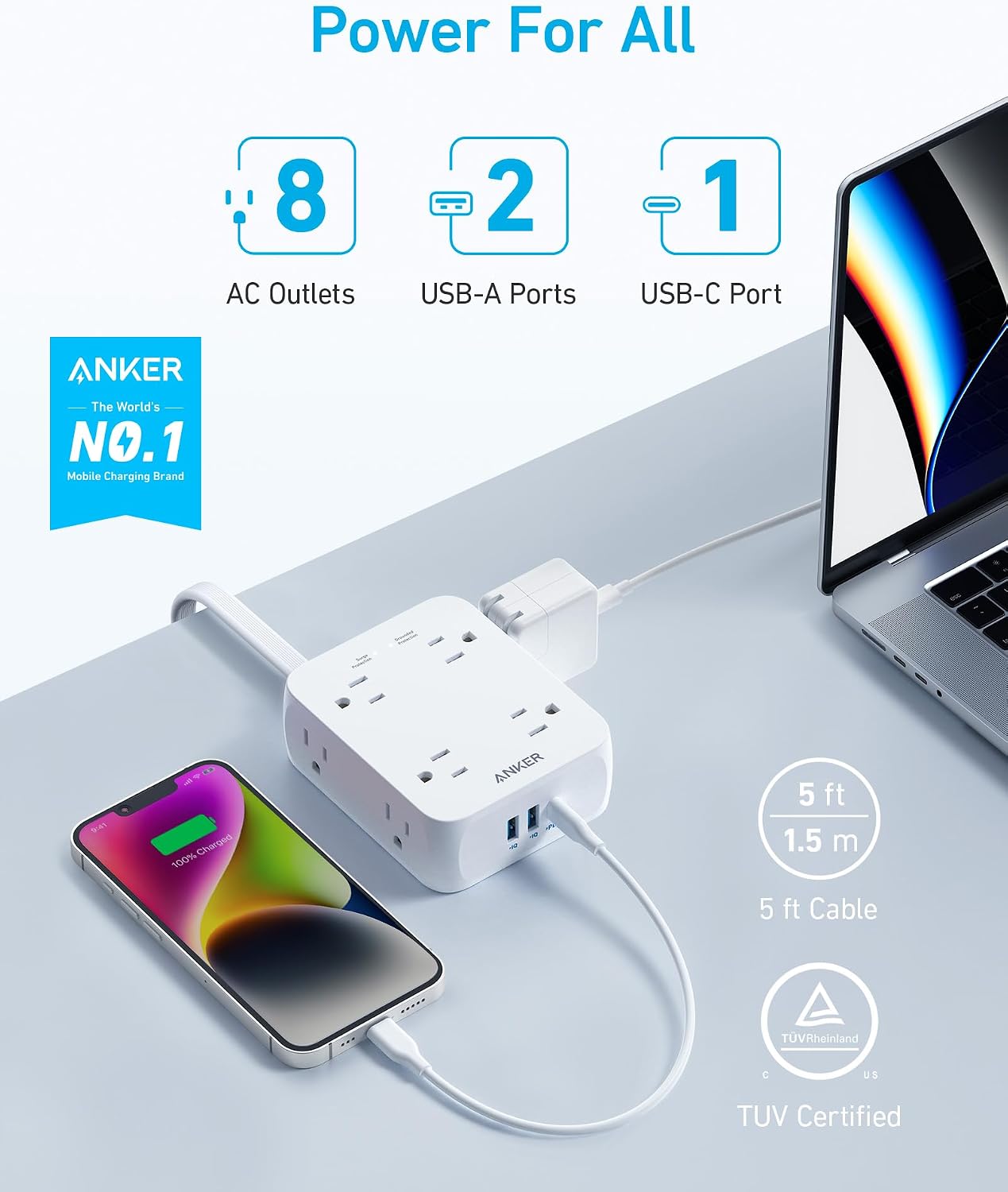 REGLETA ANKER SURGE PROTECTOR A9183 8 TOMAS 2 USB-A 1 USB-C 20W 5FT BLANCA - 2