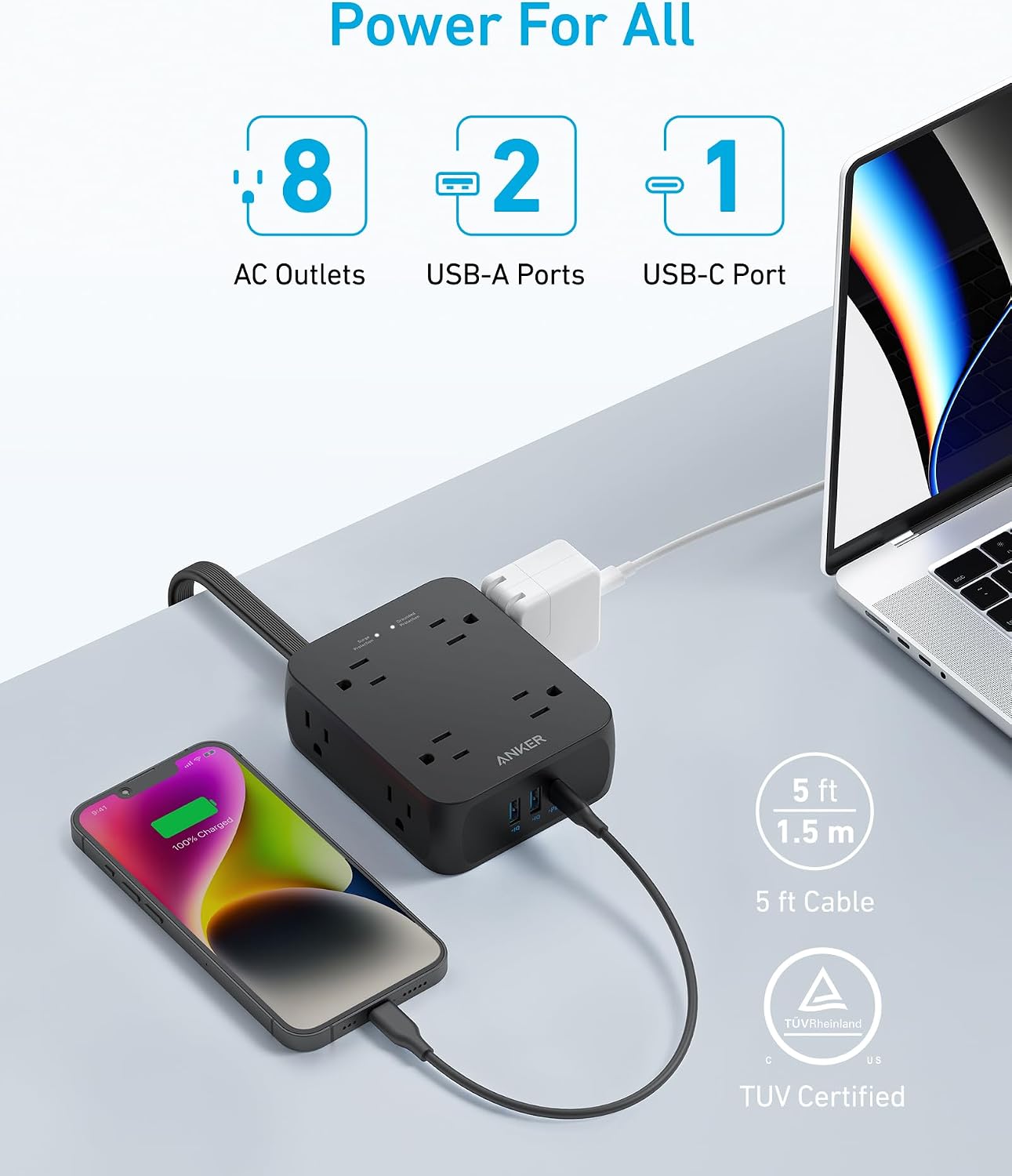 REGLETA ANKER POWER STRIP CON PROTECTOR DE SOBRETENSIÓN 2000J, 8 TOMACORRIENTES AC, 20W USB-C - 2