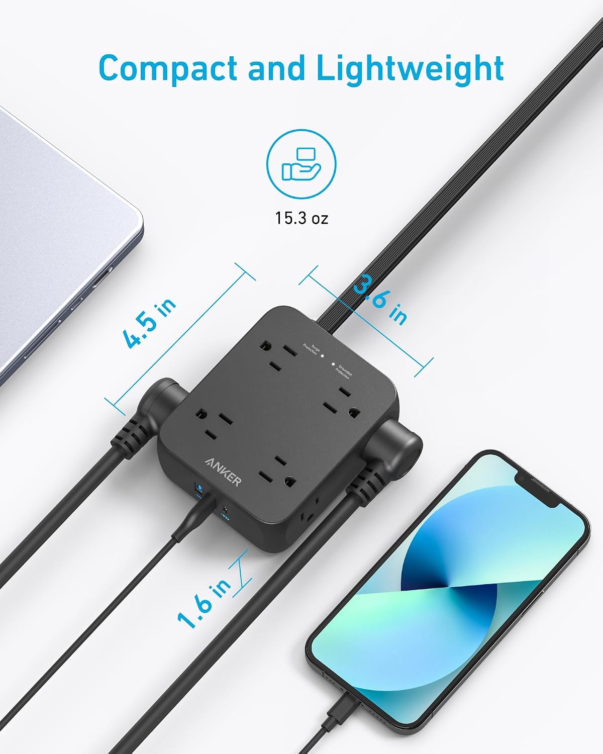 REGLETA ANKER POWER STRIP CON PROTECTOR DE SOBRETENSIÓN 2000J, 8 TOMACORRIENTES AC, 20W USB-C - 4
