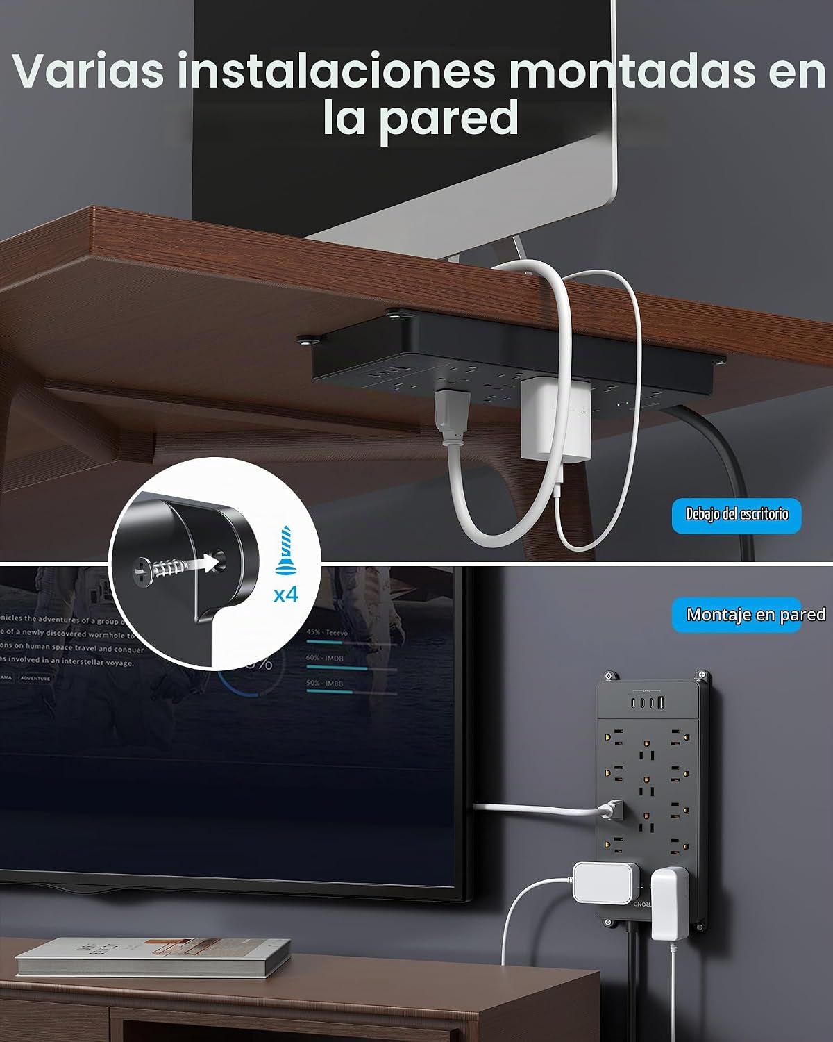 REGLETA CON PROTECTOR DE SOBRETENSIÓN TROND PRIME V 13 TOMAS 4 USB 1.5 M NEGRA - 2