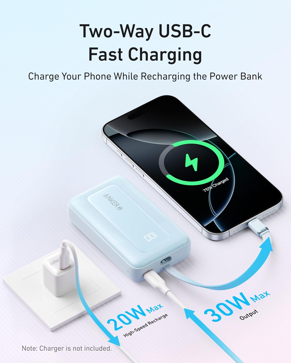 POWER BANK ANKER 10,000MAH 30W CON CABLE USB-C INTEGRADO - 5