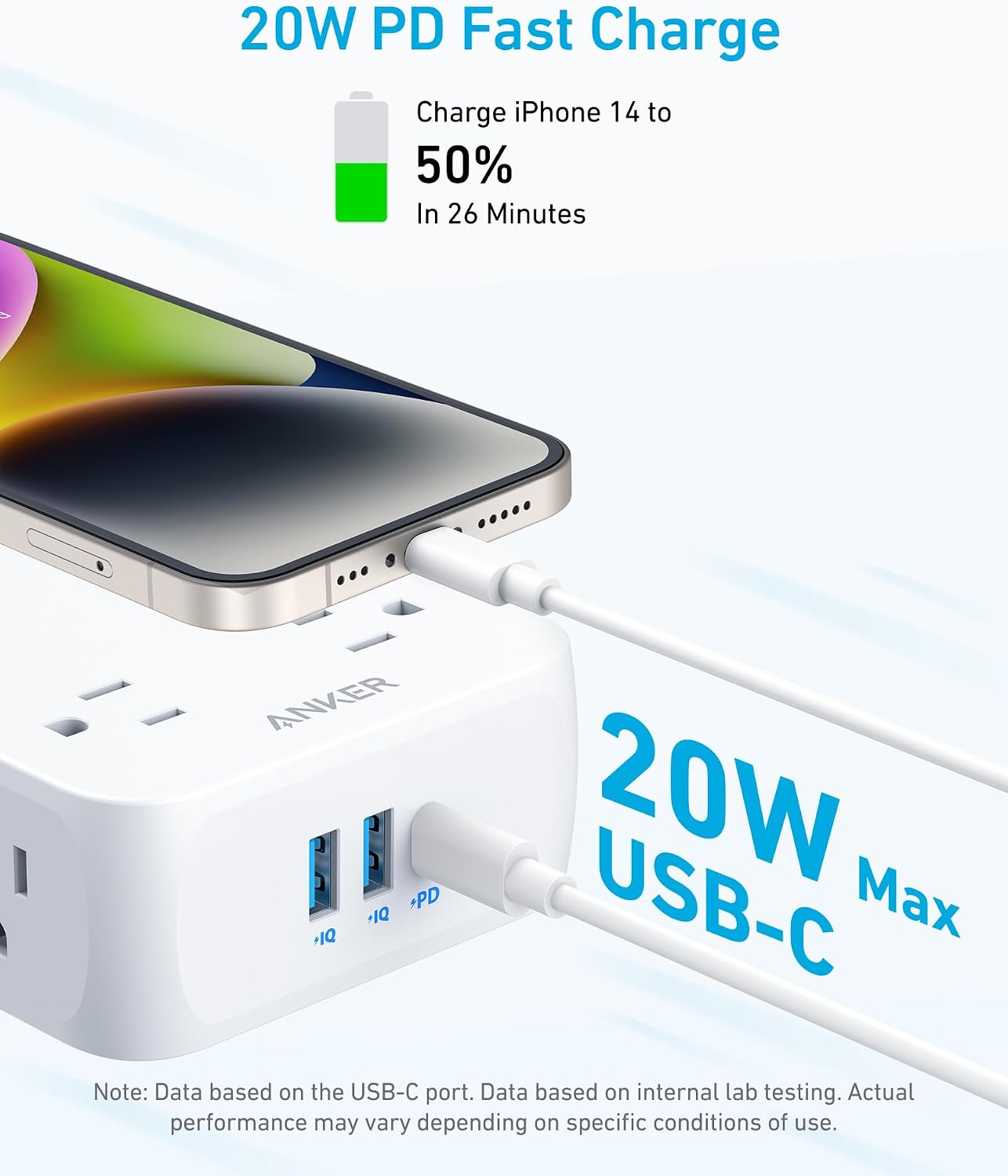 REGLETA ANKER POWER STRIP CON PROTECTOR DE SOBRETENSIÓN 2000J, 8 TOMACORRIENTES AC, 20W USB-C, CABLE 1.5 M - 3