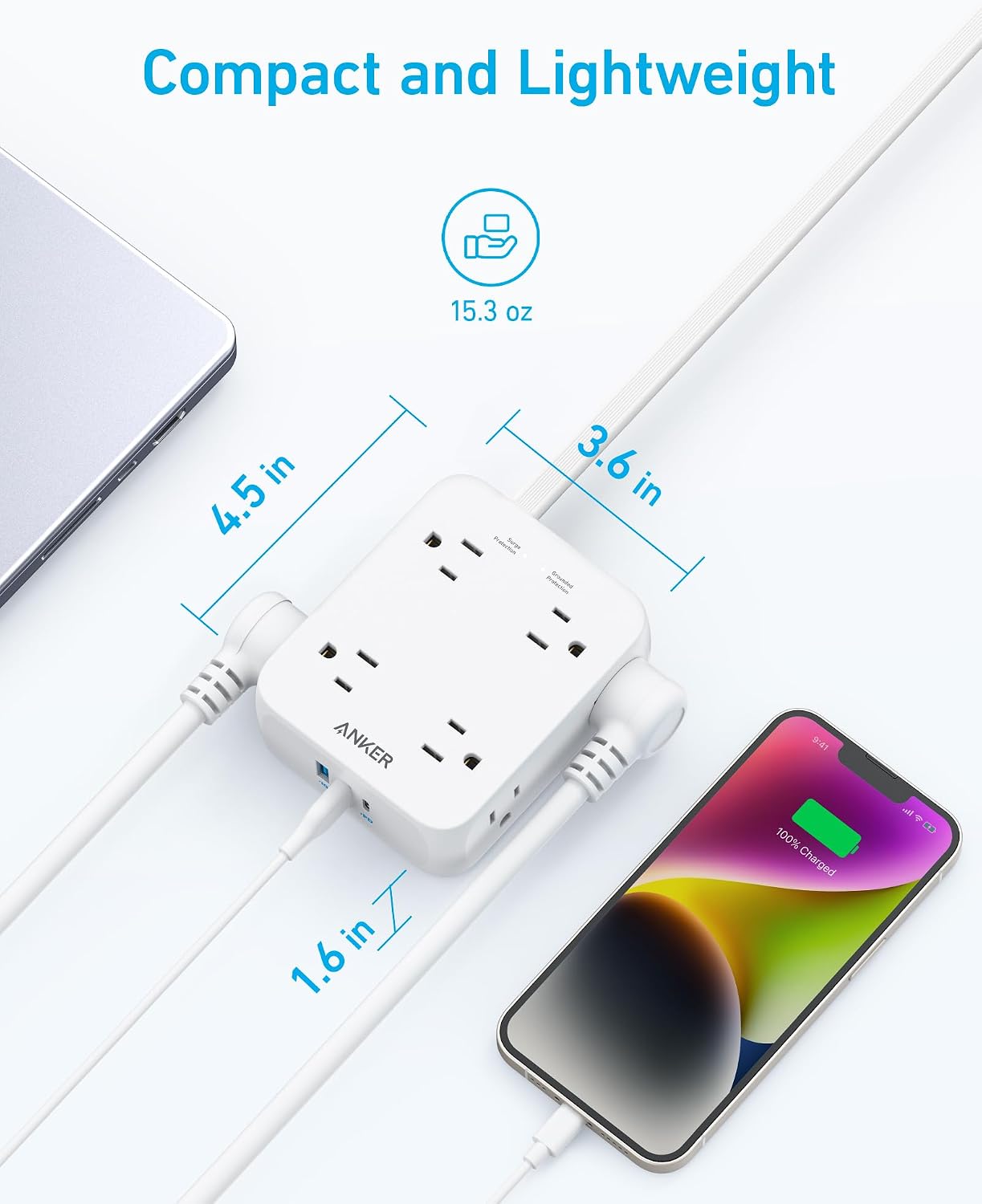 REGLETA ANKER POWER STRIP CON PROTECTOR DE SOBRETENSIÓN 2000J, 8 TOMACORRIENTES AC, 20W USB-C, CABLE 1.5 M - 5