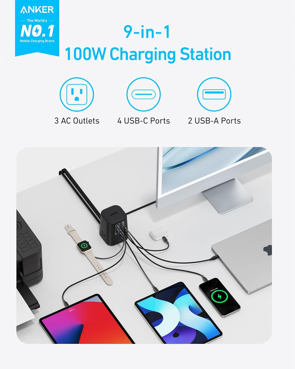REGLETA ANKER DESKTOP CHARGER 9 EN 1 CON PROTECTOR DE SOBRETENSIÓN 300J 100W - 2