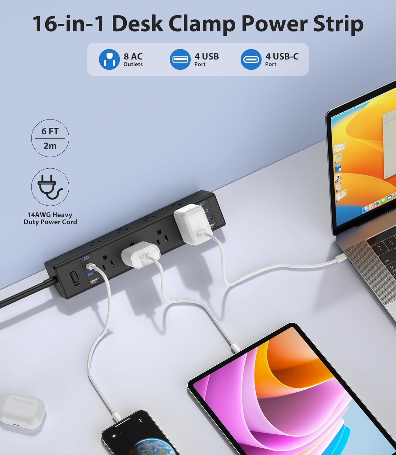 REGLETA CON ABRAZADERA JGSTKCITY 8 TOMAS 8 USB 40W CARGA RÁPIDA 6FT NEGRA - 2