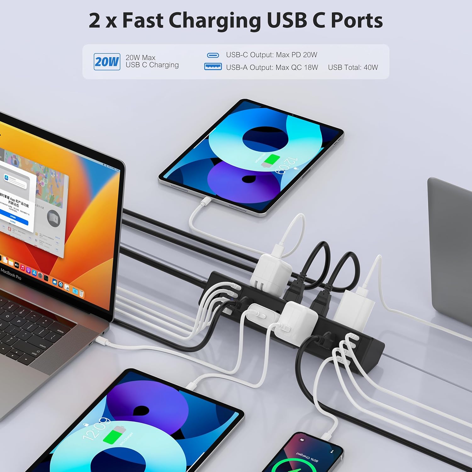 REGLETA CON ABRAZADERA JGSTKCITY 8 TOMAS 8 USB 40W CARGA RÁPIDA 6FT NEGRA - 3
