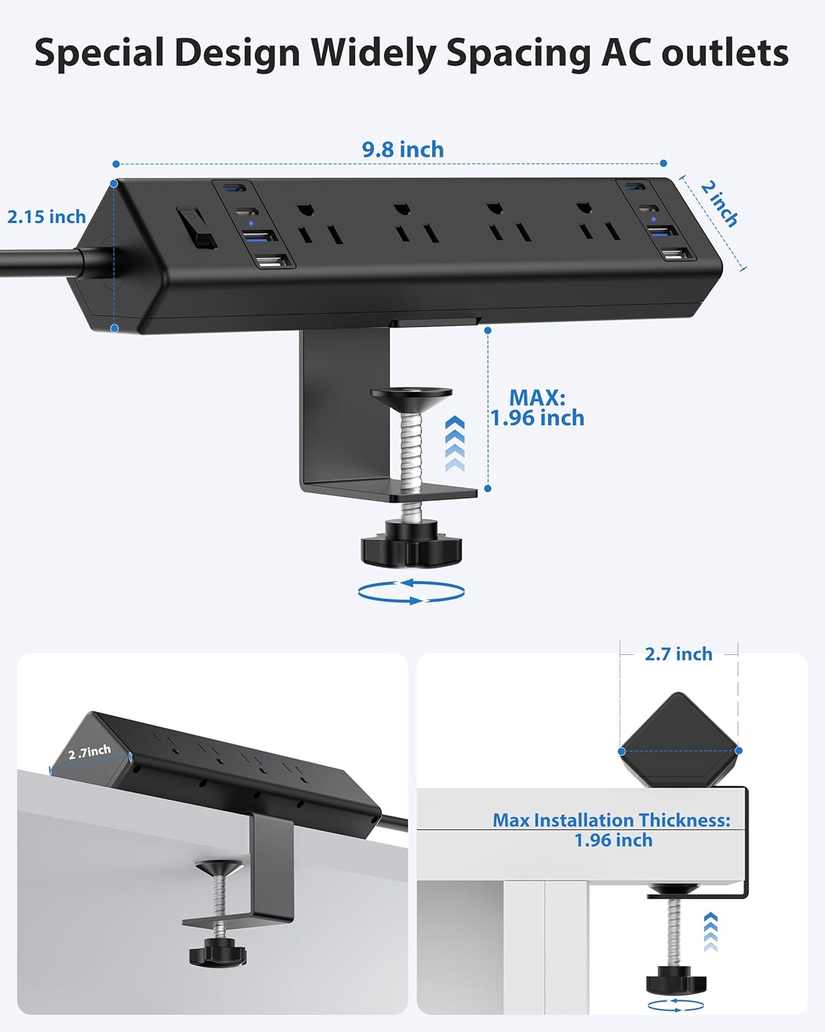 REGLETA CON ABRAZADERA JGSTKCITY 8 TOMAS 8 USB 40W CARGA RÁPIDA 6FT NEGRA - 5