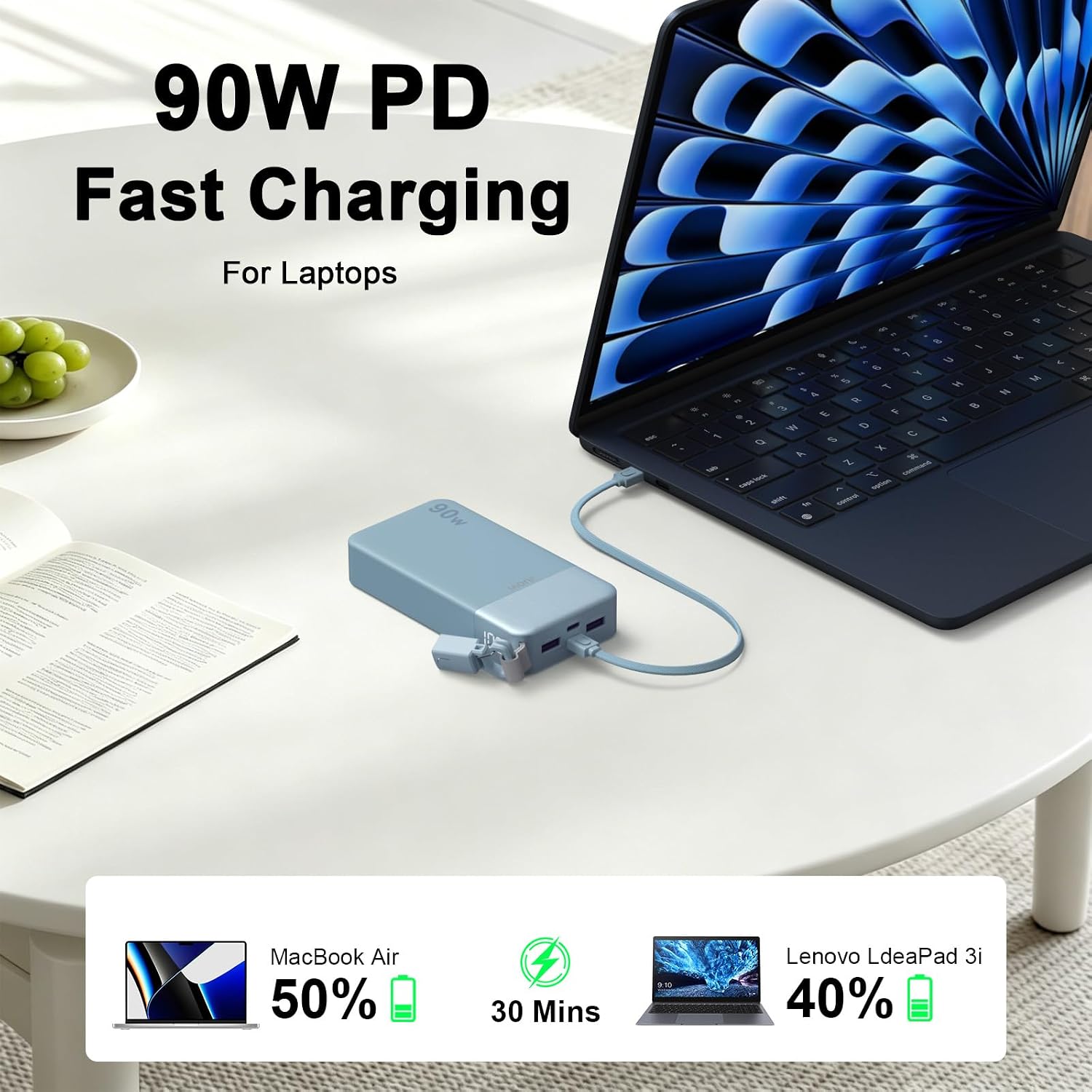 BATERÍA EXTERNA JUOVI 20000MAH 90W AZUL CON CABLE USB-C - 2
