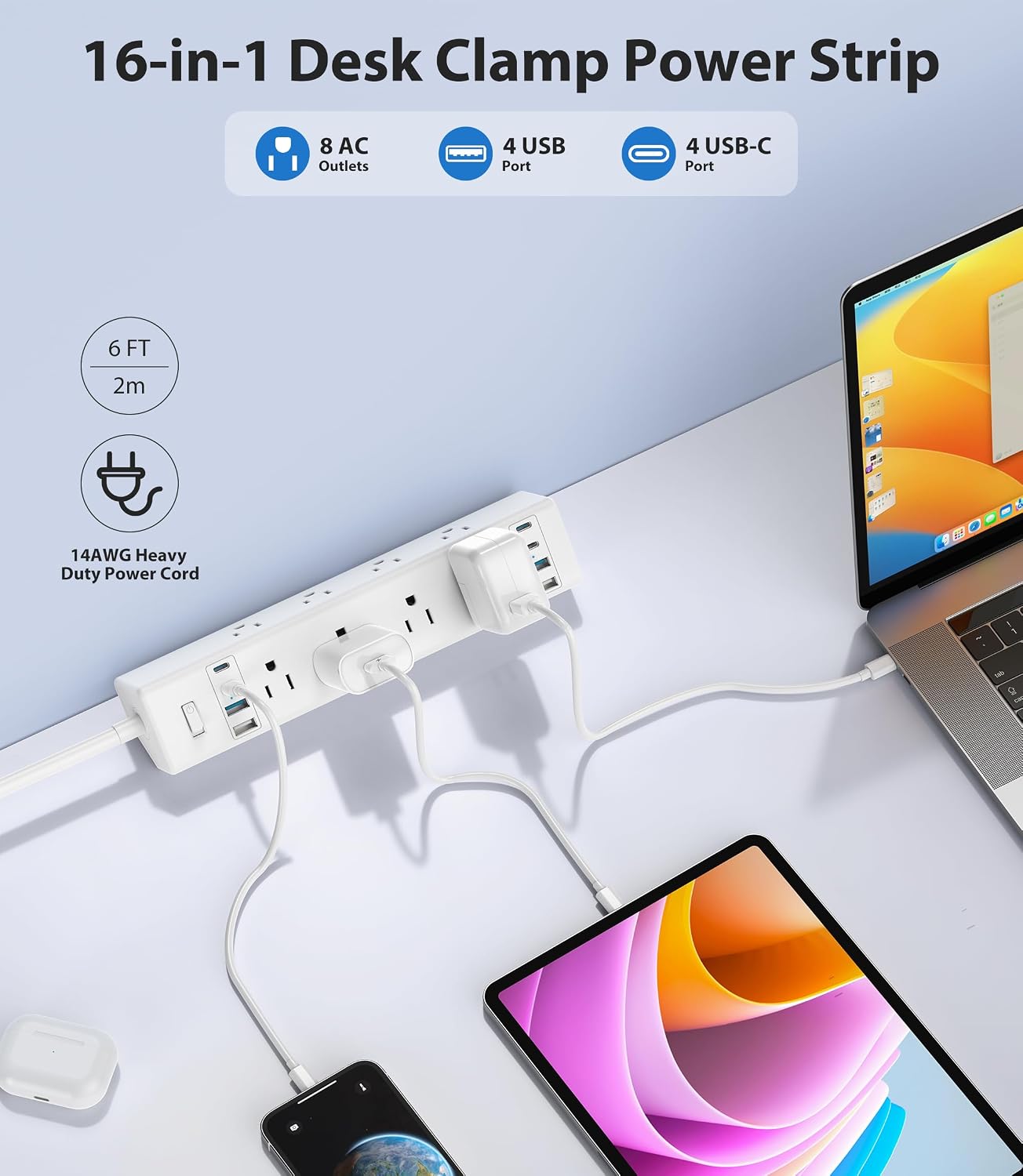 REGLETA CON ABRAZADERA JGSTKCITY 8 TOMAS 8 USB 40W BLANCO - 2