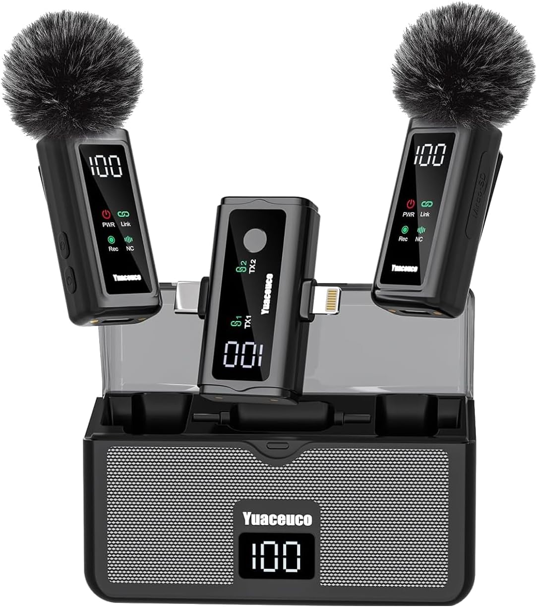 MICRÓFONO LAVALIER INALÁMBRICO YUACEUCO 2TX+1 C+LIGHTNING RX+ESTUCHE DE CARGA - 1