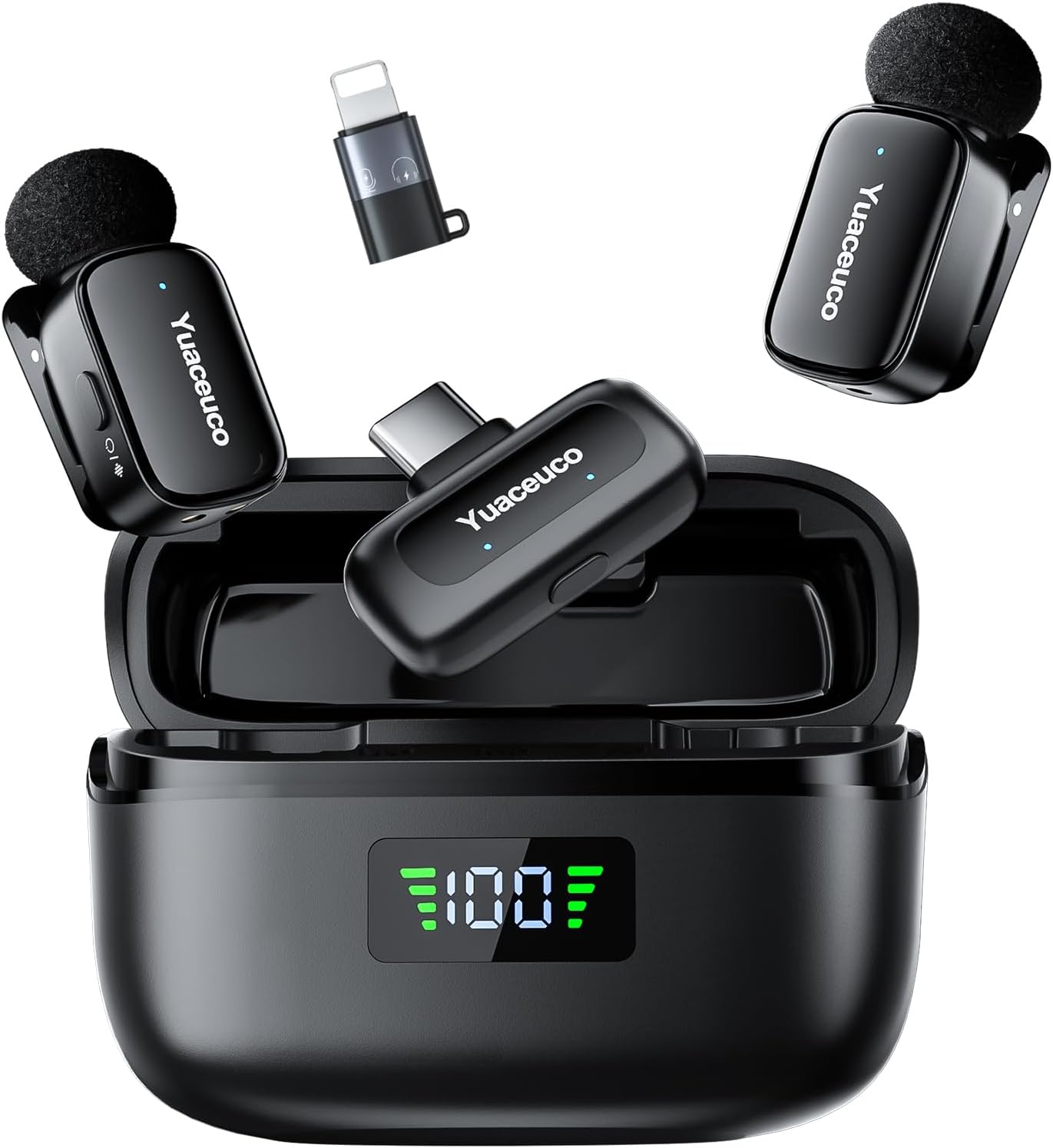MICRÓFONO INALÁMBRICO MINI YUACEUCO 2TX+1 C RX+1 ADAPTADOR LIGHTNING CON ESTUCHE DE CARGA - 1