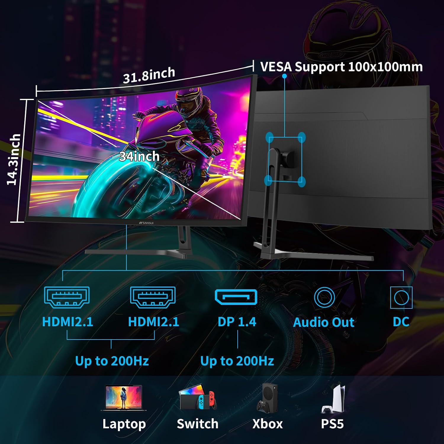 MONITOR CURVO PARA GAMING SANSUI 34 PULGADAS UWQHD 3440 X 1440P 200HZ ULTRAWIDE - 3