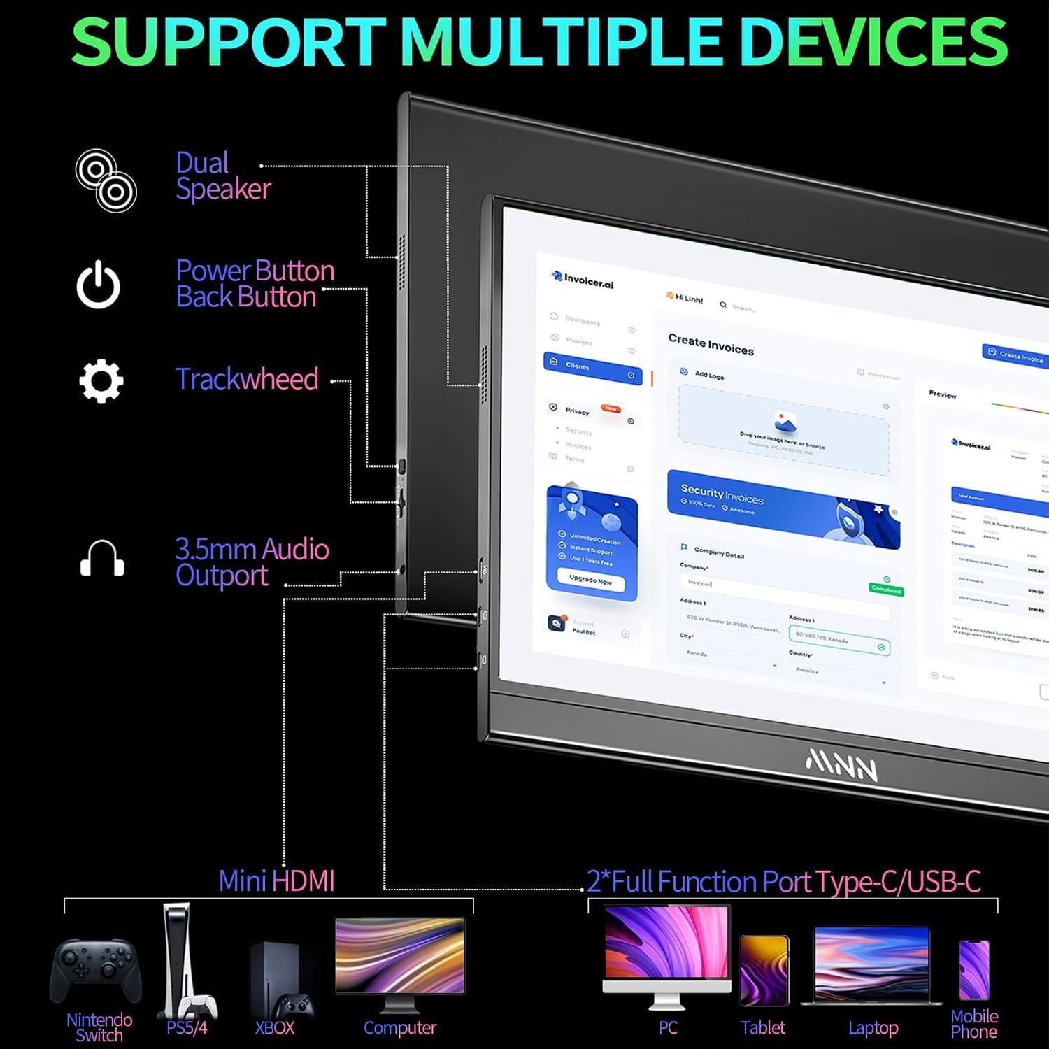 MONITOR PORTÁTIL MNN 15.6' FULL HD IPS HDR 60HZ USB-C HDMI - 3