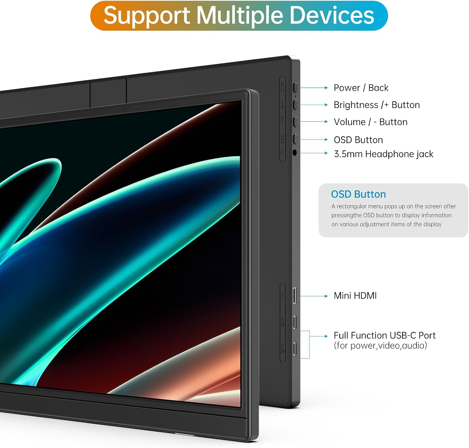 MONITOR PORTÁTIL MNN 14' 1200P USB-C HDMI HDR NEGRO - 5