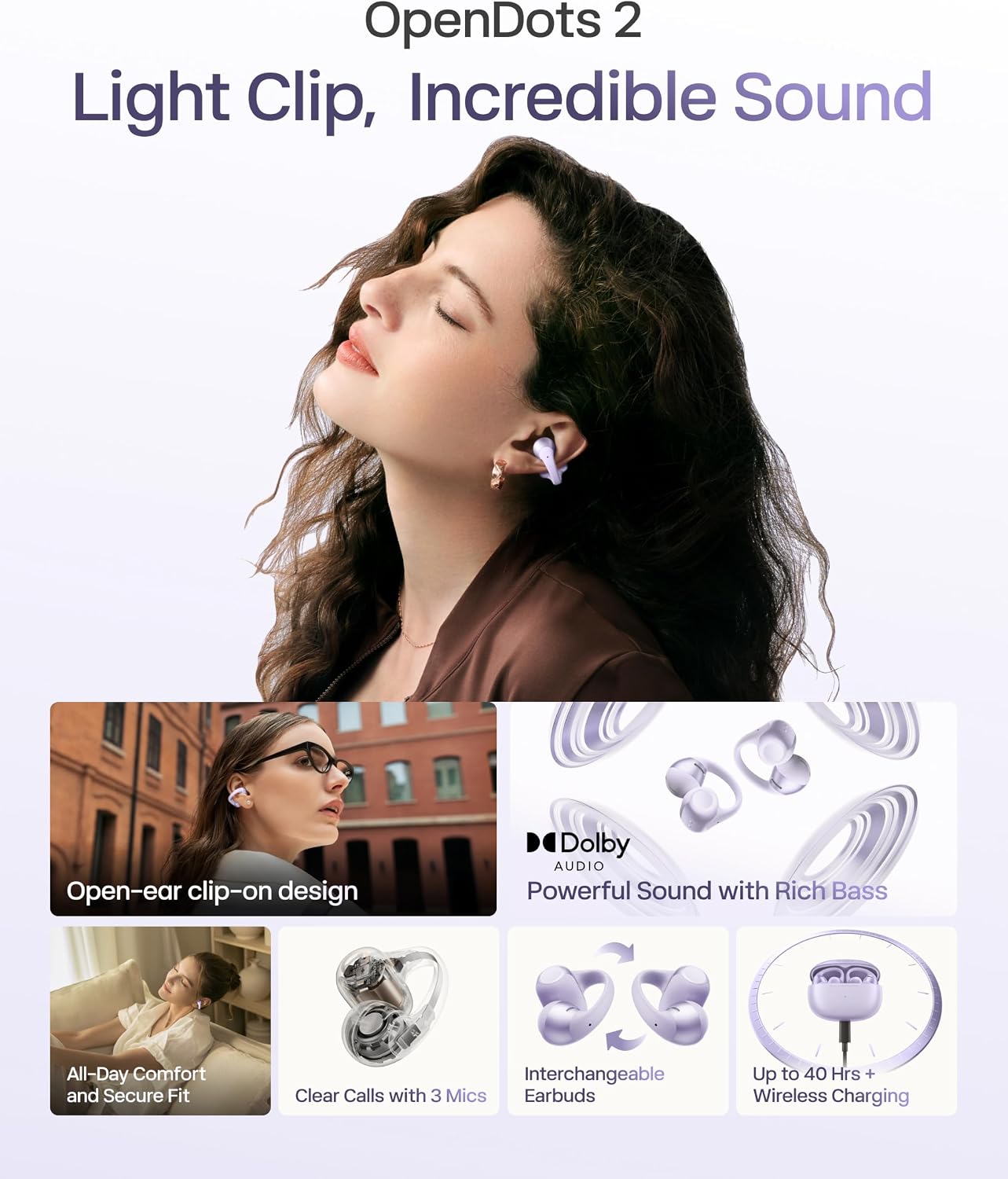 AUDÍFONOS SHOKZ OPENDOTS 2 CLIP-ON ABIERTOS BLUETOOTH 6.1 VIOLETAS - 2