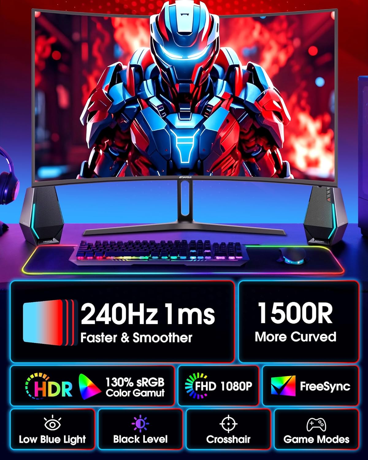 MONITOR CURVO SANSUI 27 PULGADAS 240HZ FHD 1080P 1500R - 2