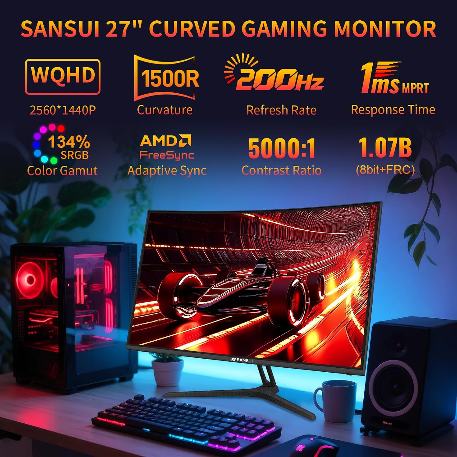 MONITOR CURVO PARA GAMING SANSUI 27 PULGADAS WQHD 2560X1440 200HZ 1MS - 2
