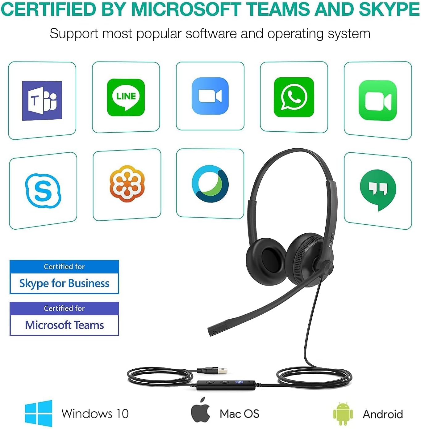 HEADSET CON CABLE YEALINK UH34 USB-A CON MICRÓFONO CANCELADOR DE RUIDO Y CONTROL EN LÍNEA ON-EAR PACK 2 - 2