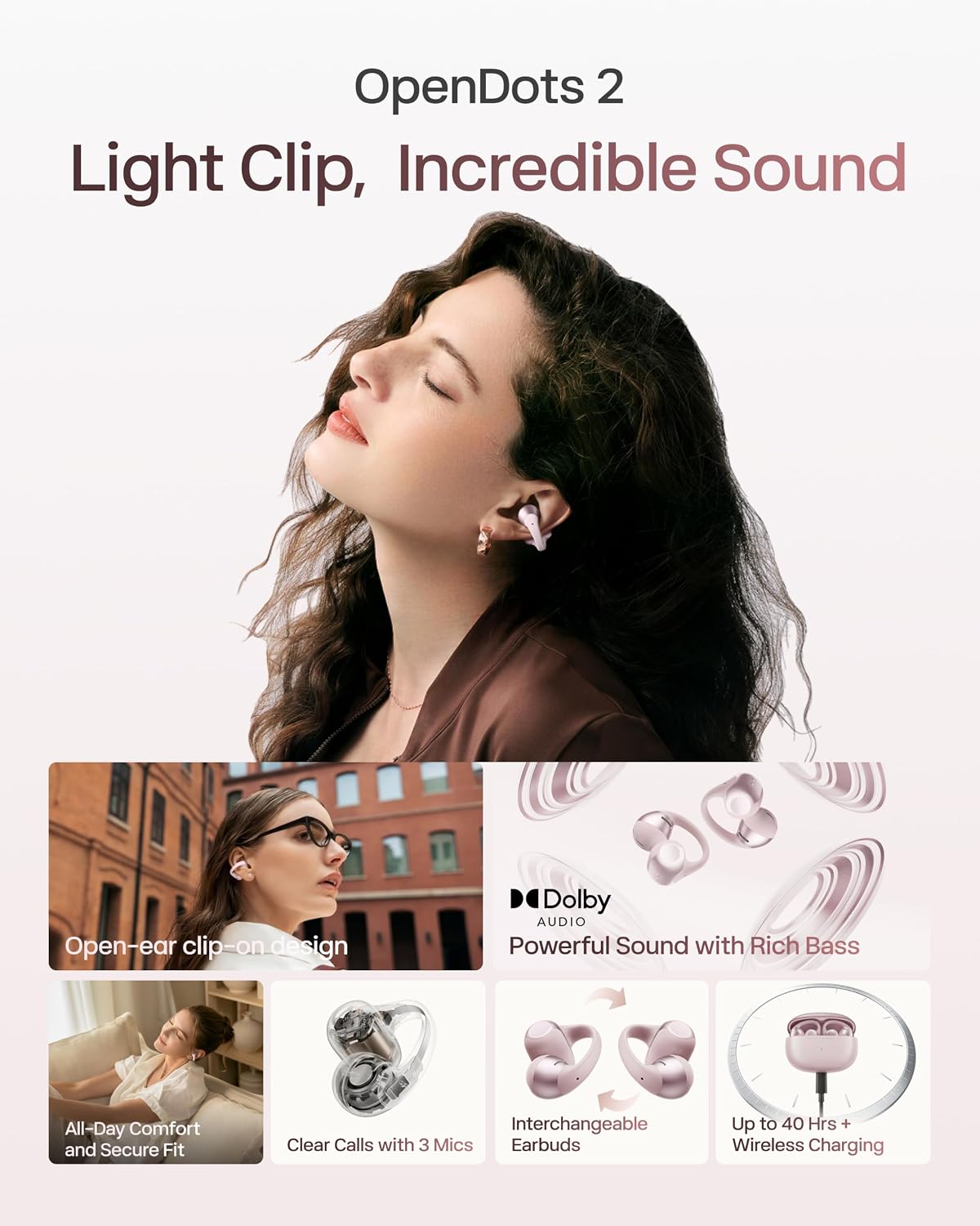 AUDÍFONOS SHOKZ OPENDOTS 2 CLIP-ON OPEN-EAR BLUETOOTH 6.1 ROSA - 2