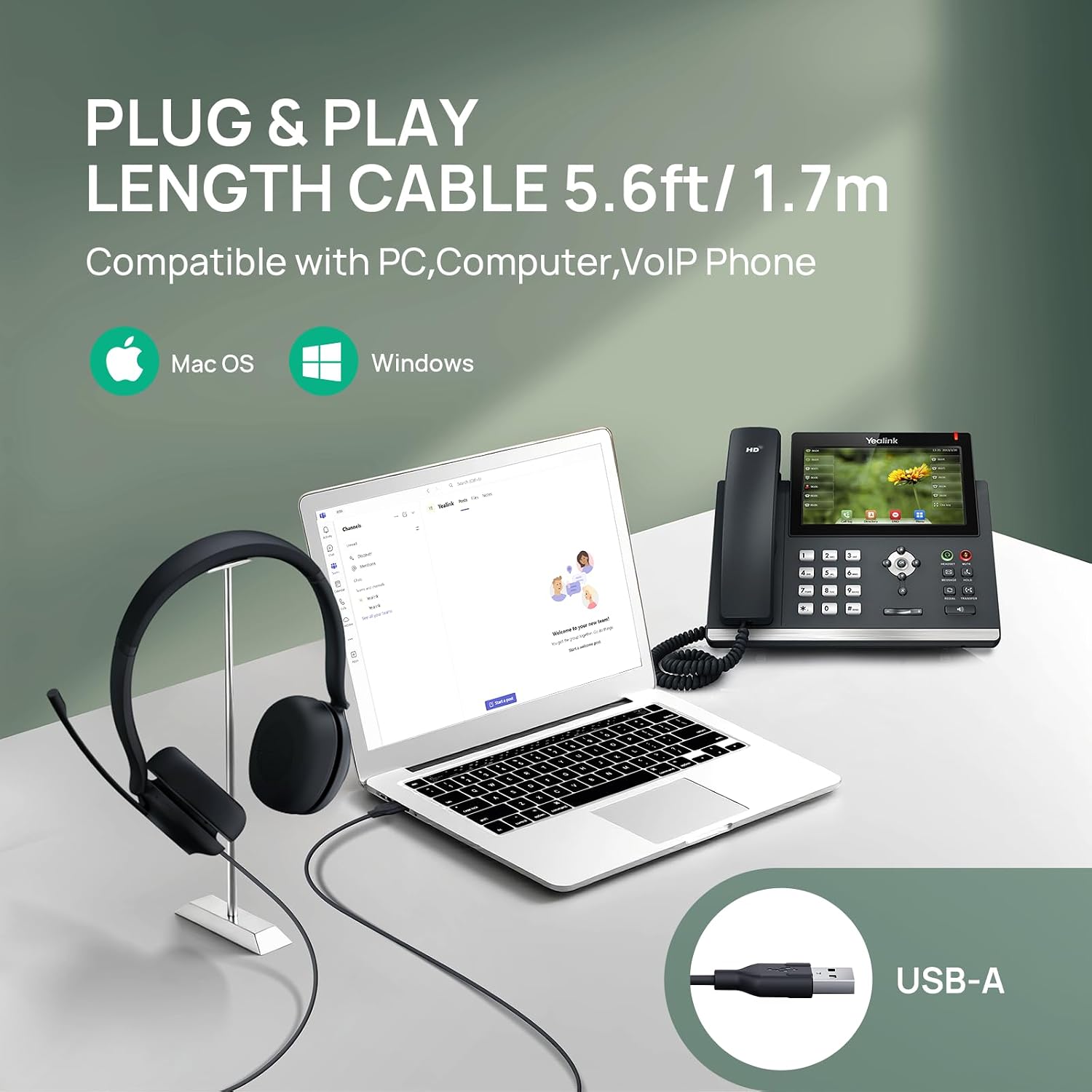 HEADSET CON CABLE YEALINK UH35 USB-A CON MICRÓFONO CON CANCELACIÓN DE RUIDO AI Y CONTROL DE LLAMADAS ON-EAR - 5