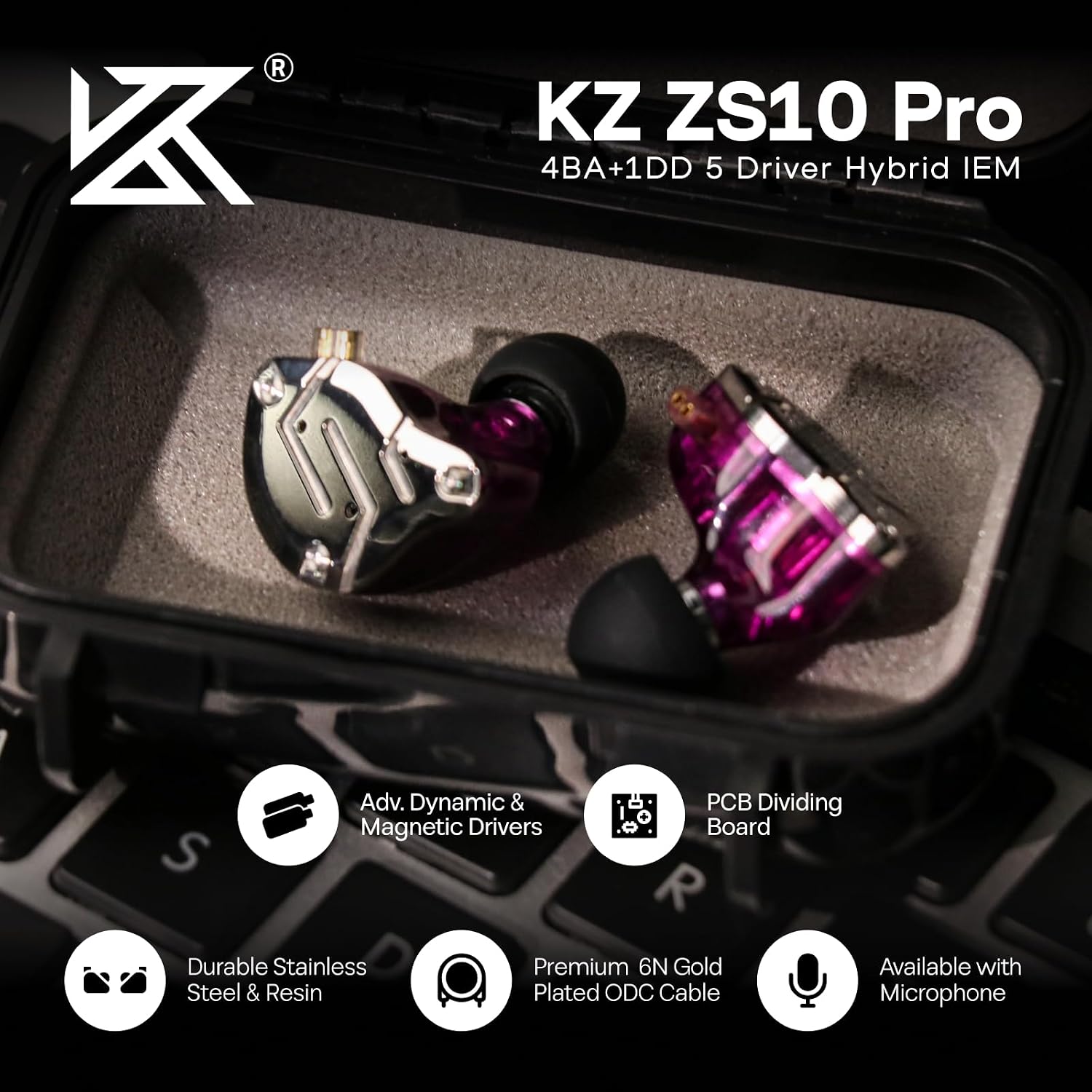 AUDÍFONOS IN EAR LINSOUL KZ ZS10 PRO 4BA+1DD MORADO SIN MICRÓFONO - 2