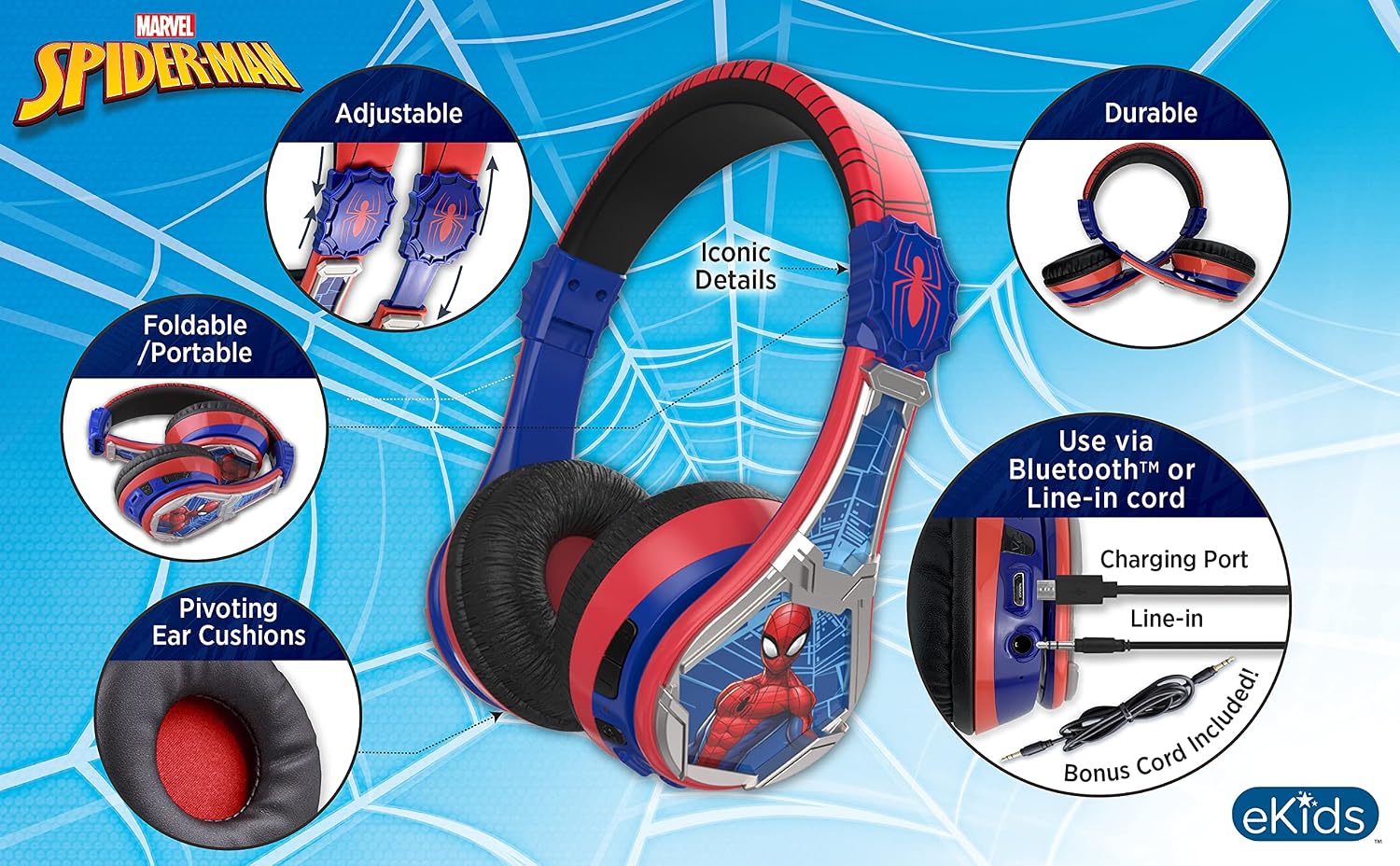 AUDÍFONOS INALÁMBRICOS EKIDS SPIDERMAN CON BLUETOOTH Y MICRÓFONO PARA NIÑOS - 3