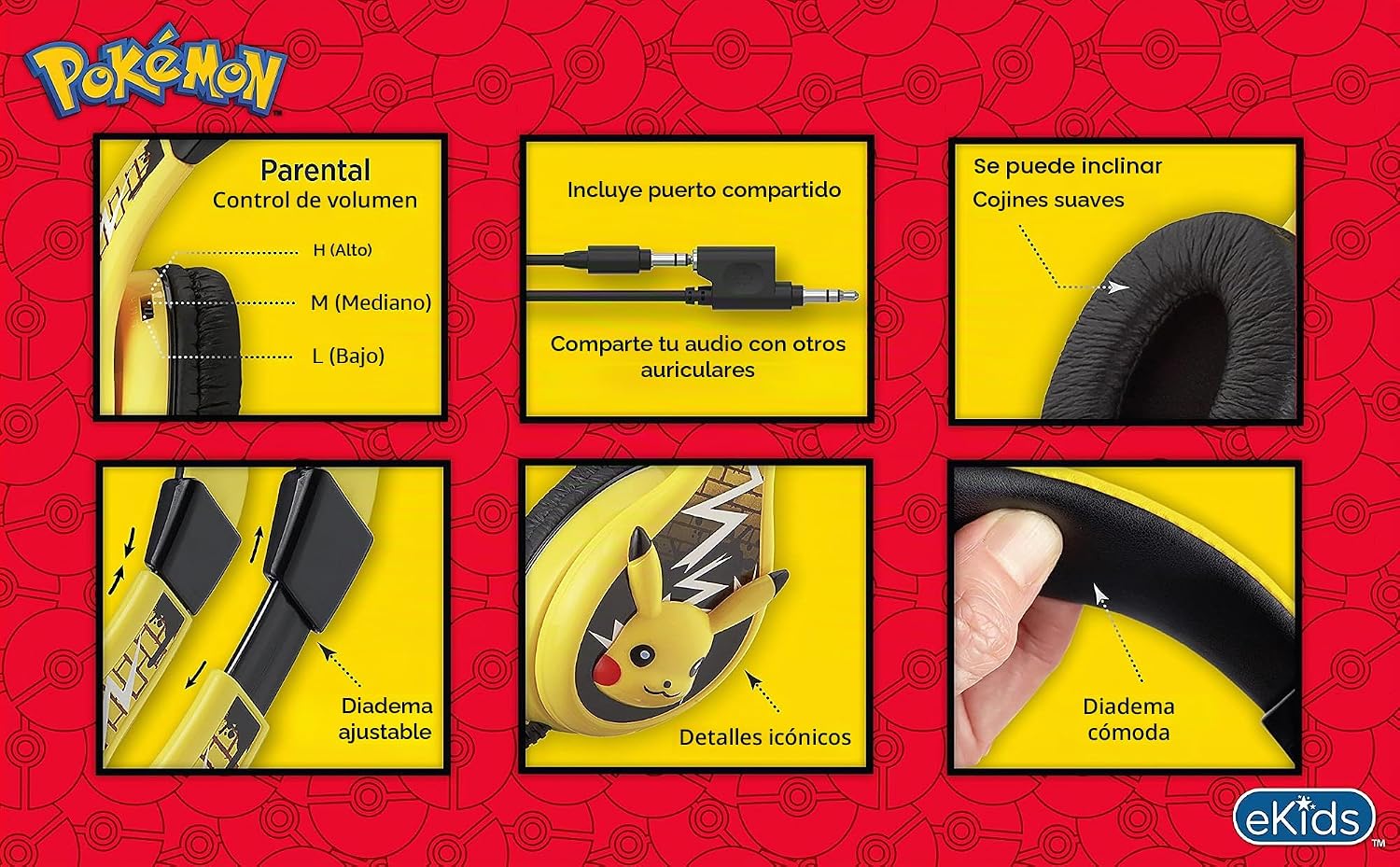 AUDÍFONOS ON-EAR EKIDS POKEMON PIKACHU AMARILLO CON CONTROL DE VOLUMEN Y CABLE 3.5 MM - 3