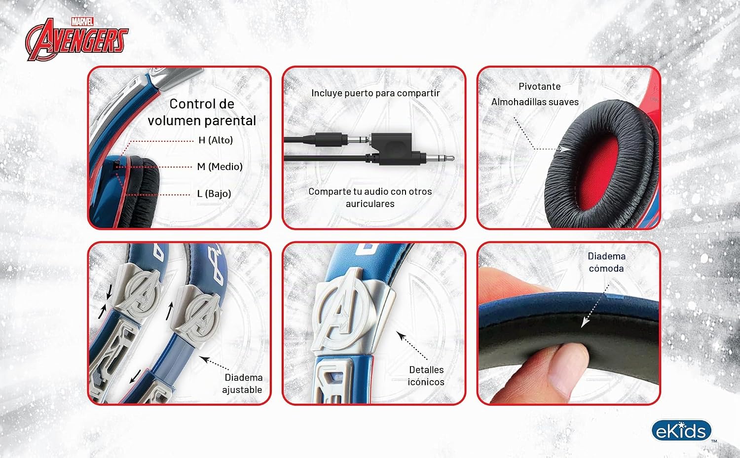 AUDÍFONOS EKIDS AVENGERS PARA NIÑOS CON CABLE Y CONTROL DE VOLUMEN - 3