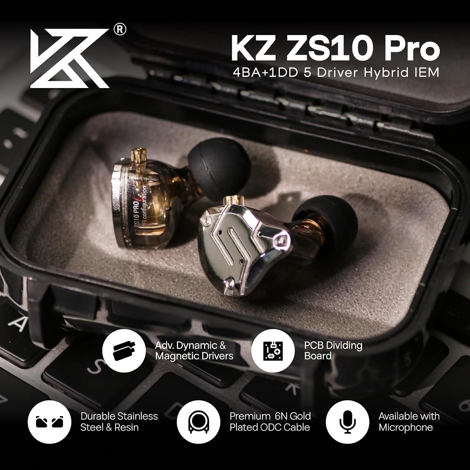 AUDÍFONOS IN-EAR LINSOUL KZ ZS10 PRO 4BA+1DD NEGRO - 2