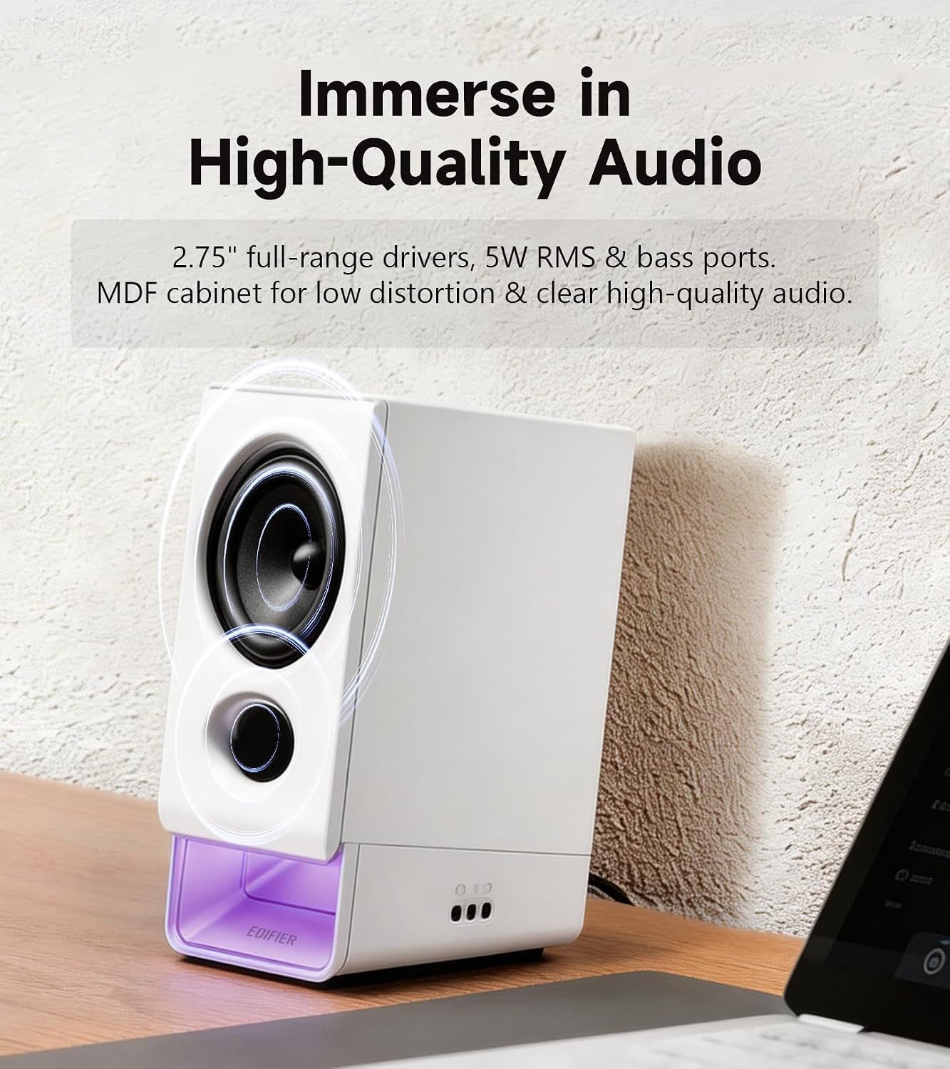 PARLANTES EDIFIER R20BT PARA COMPUTADORA CON CONTROLES TÁCTILES Y ENTRADAS AUX Y USB-C BLANCO - 2