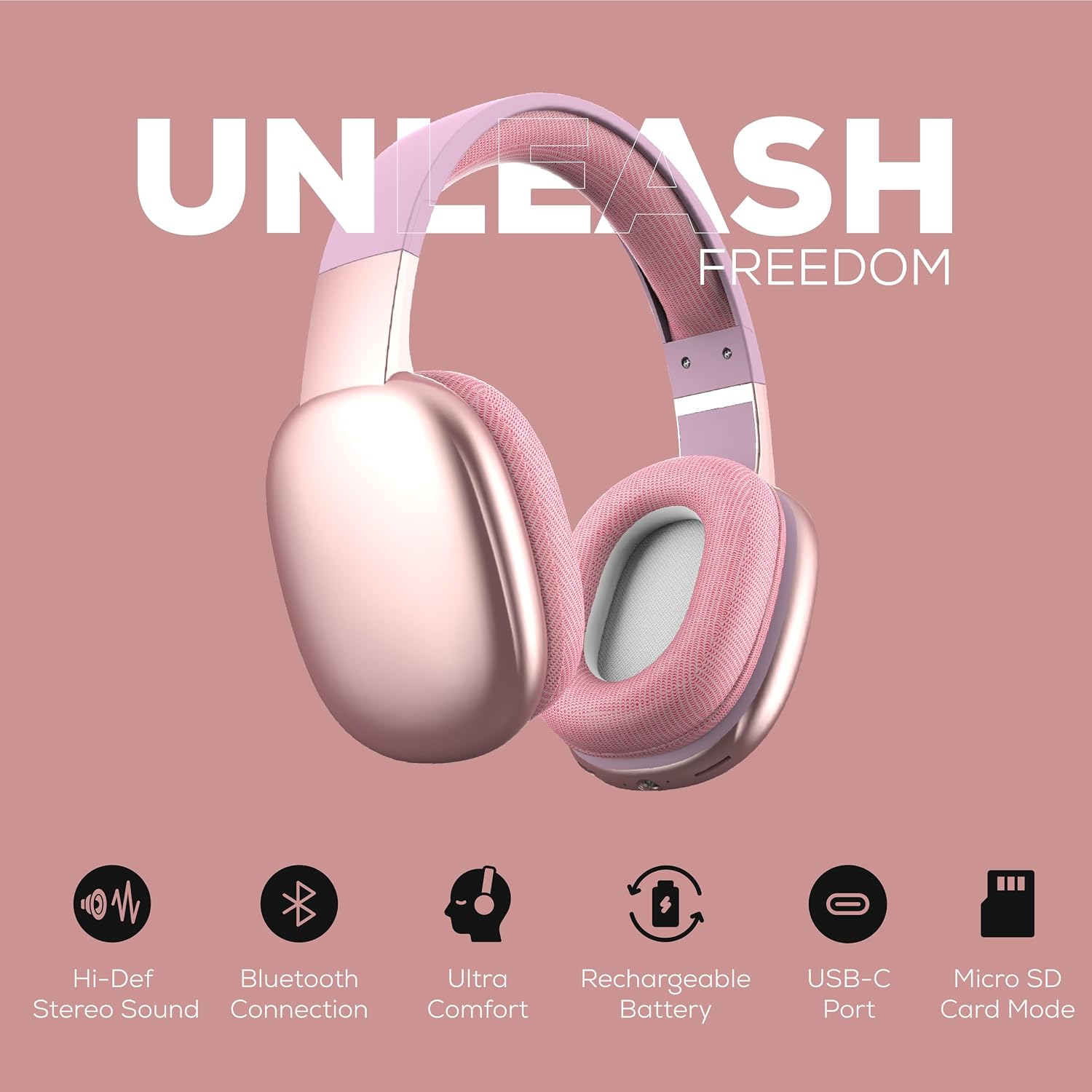 AUDÍFONOS GABBA GOODS INALÁMBRICOS OVER EAR BLUETOOTH CON MICRÓFONO Y RANURA MICRO SD ROSA - 3