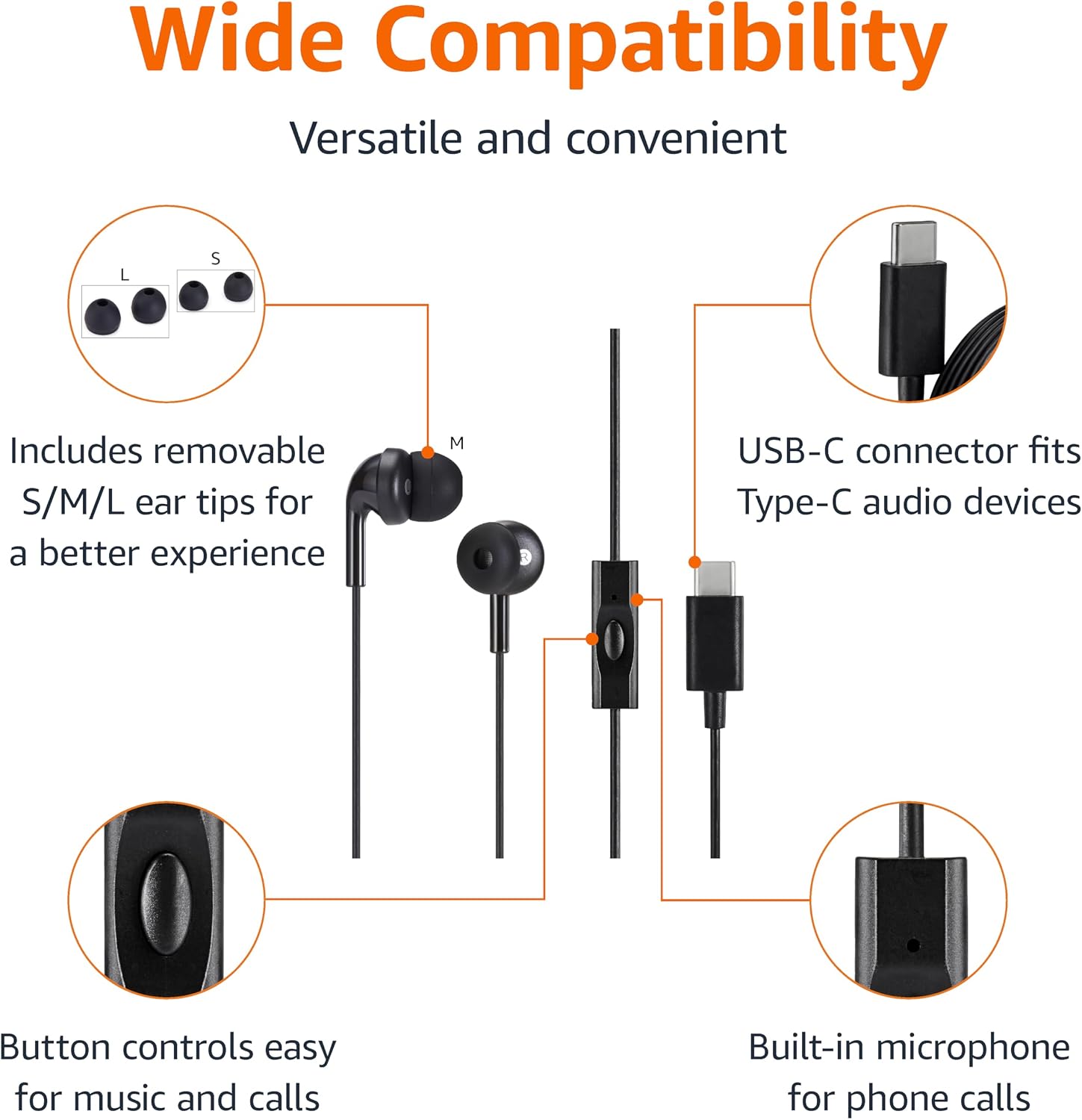 AUDÍFONOS IN-EAR AMAZON BASICS CON MICRÓFONO USB-C CABLE 1.28 M NEGRO - 2