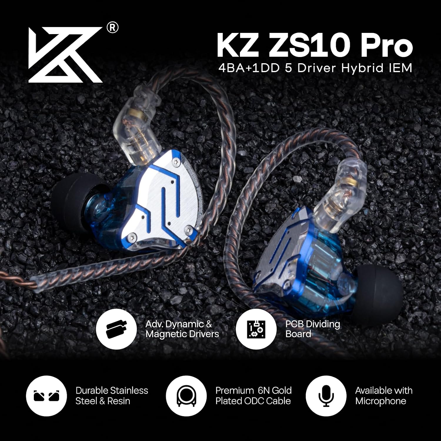 AUDÍFONOS IN EAR LINSOUL KZ ZS10 PRO 4BA+1DD AZUL BRILLANTE - 4