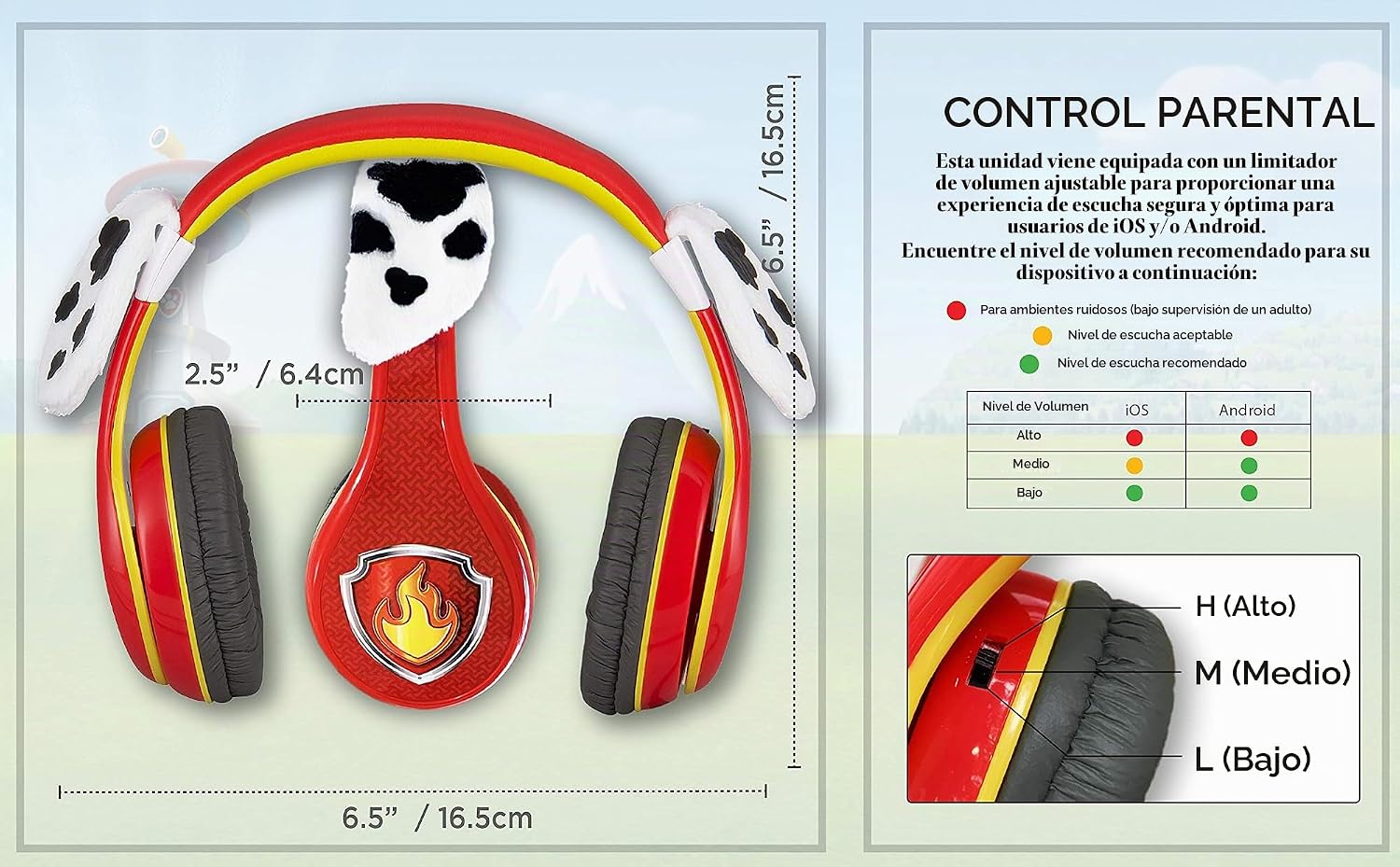 AUDÍFONOS PARA NIÑOS EKIDS PAW PATROL MARSHALL CON CABLE Y CONECTOR 3.5 MM - 4