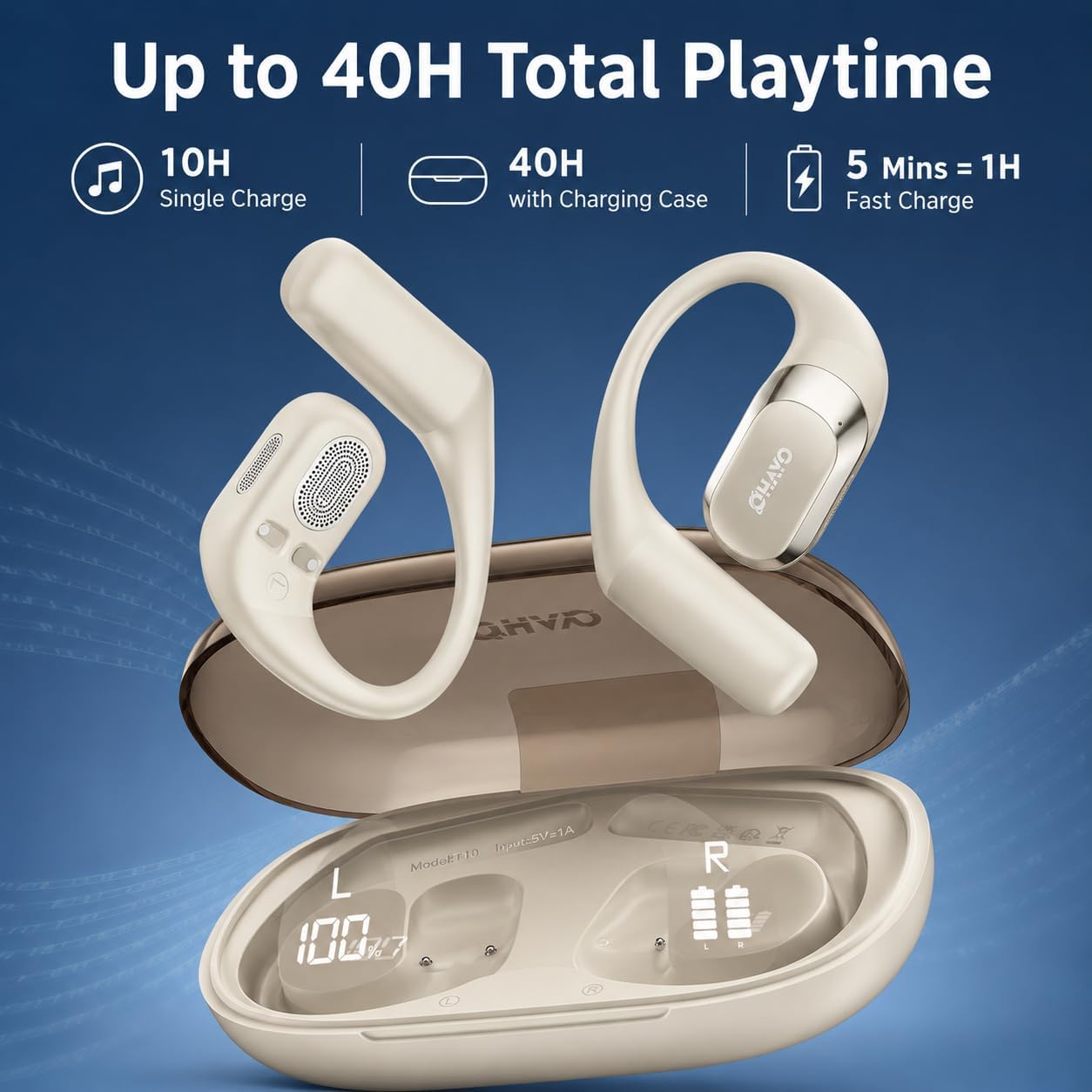 AUDÍFONOS OPEN EAR OHAYO T10 BEIGE BLUETOOTH 5.4 40H IPX6 - 2