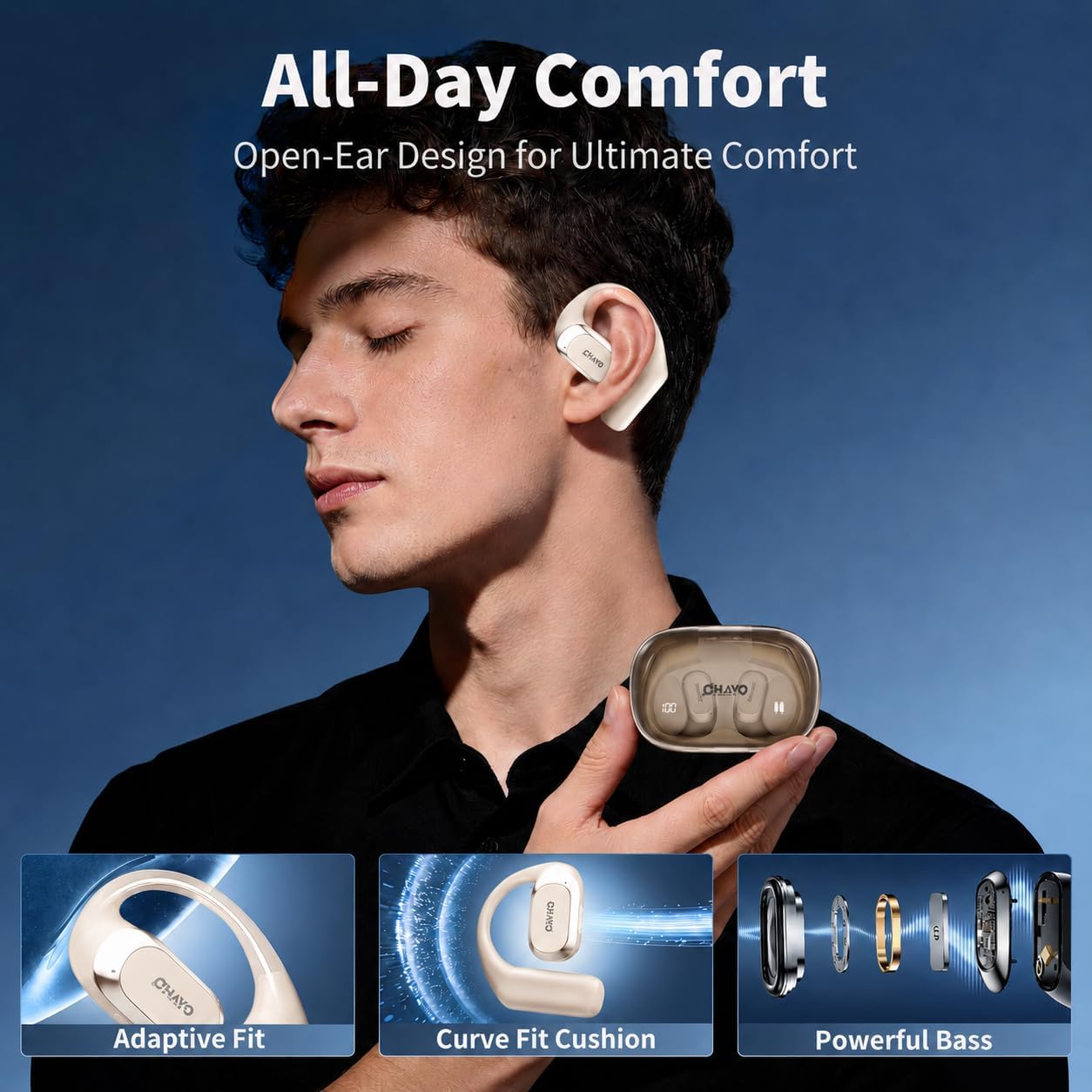 AUDÍFONOS OPEN EAR OHAYO T10 BEIGE BLUETOOTH 5.4 40H IPX6 - 3