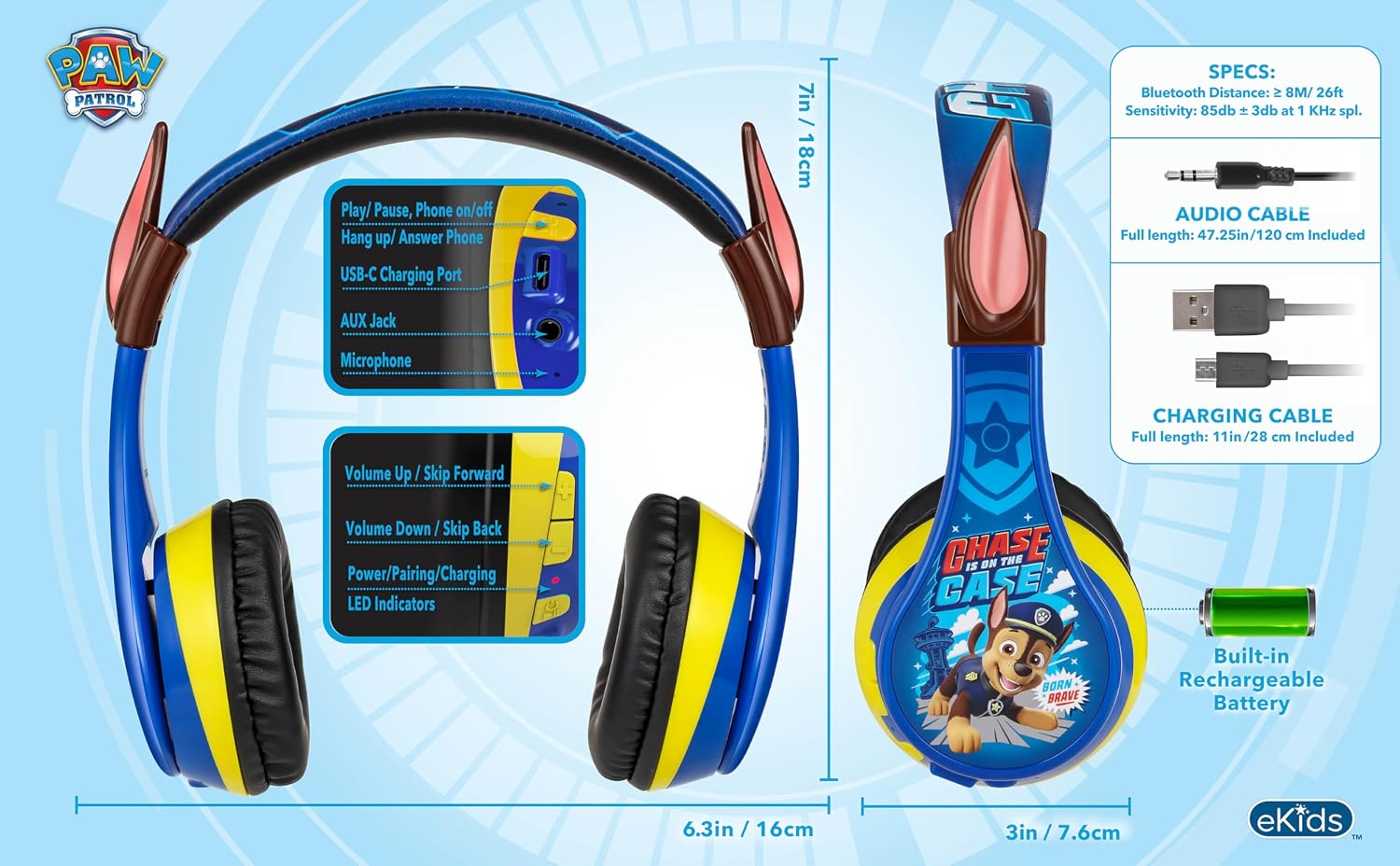 AUDÍFONOS EKIDS PAW PATROL CHASE BLUETOOTH PARA NIÑOS INALÁMBRICOS - 5
