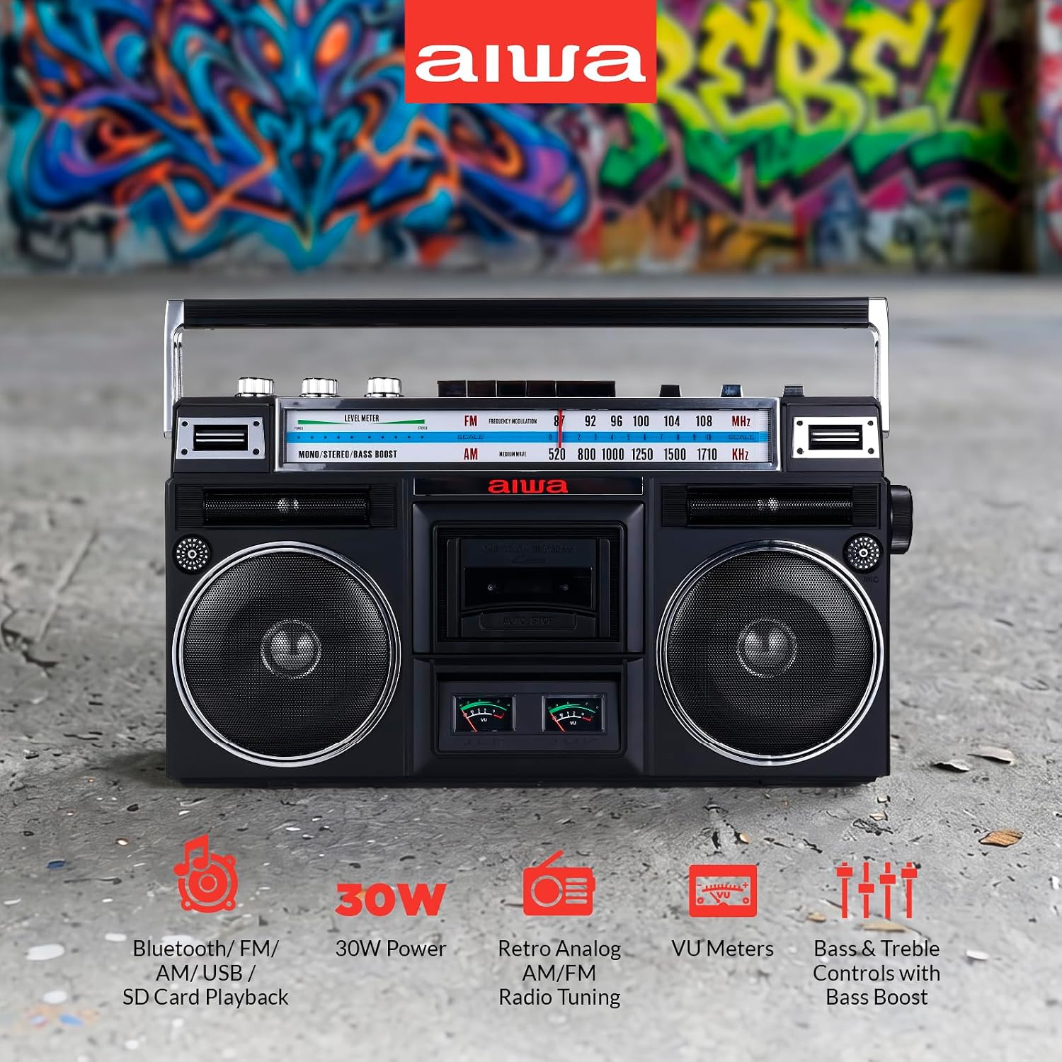 BOOMBOX PORTÁTIL AIWA BACKTRACK JR BLUETOOTH RETRO CON REPRODUCTOR DE CASETES Y RADIO FM/AM NEGRO - 4