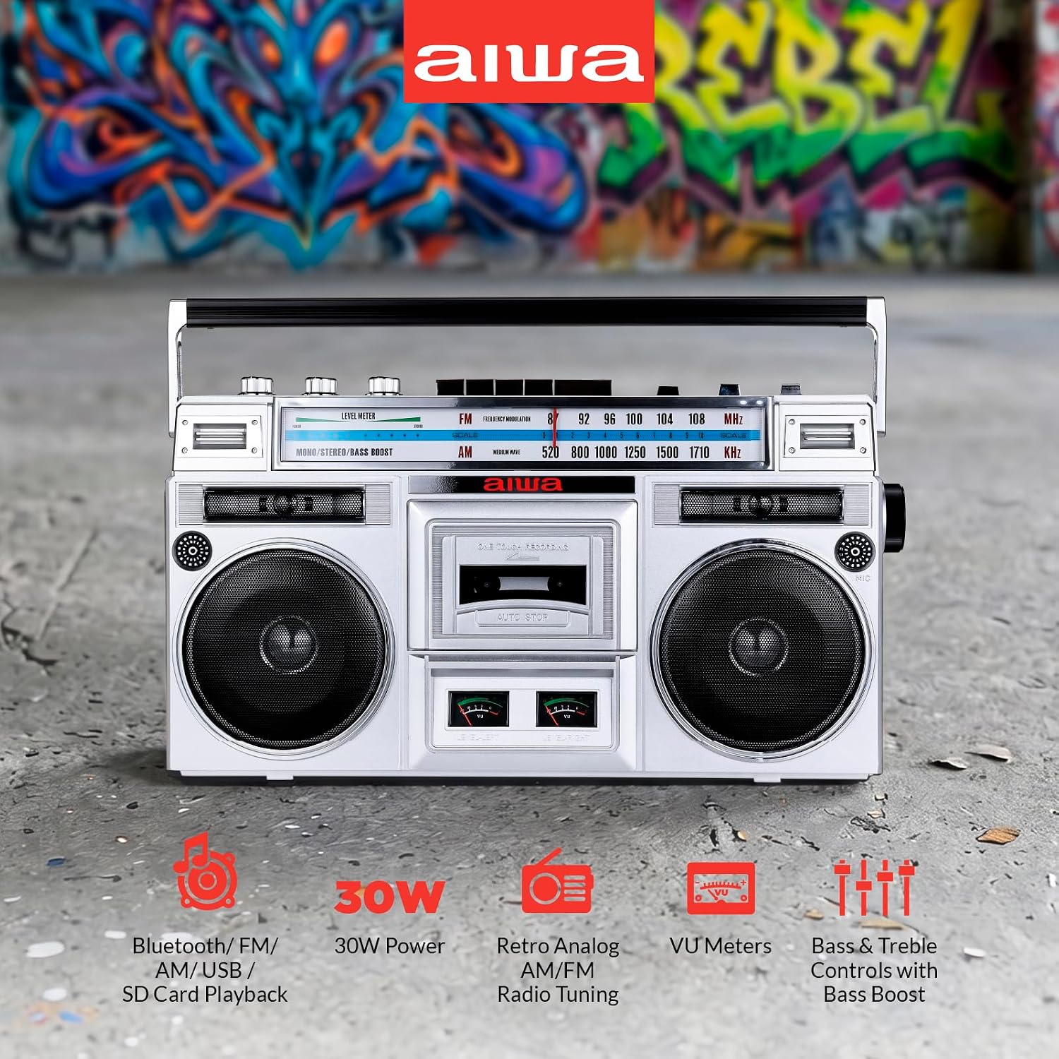 EQUIPO DE AUDIO PORTÁTIL AIWA BACKTRACK JR RETRO BLUETOOTH CON REPRODUCTOR DE CASETES Y RADIO FM/AM PLATEADO - 5