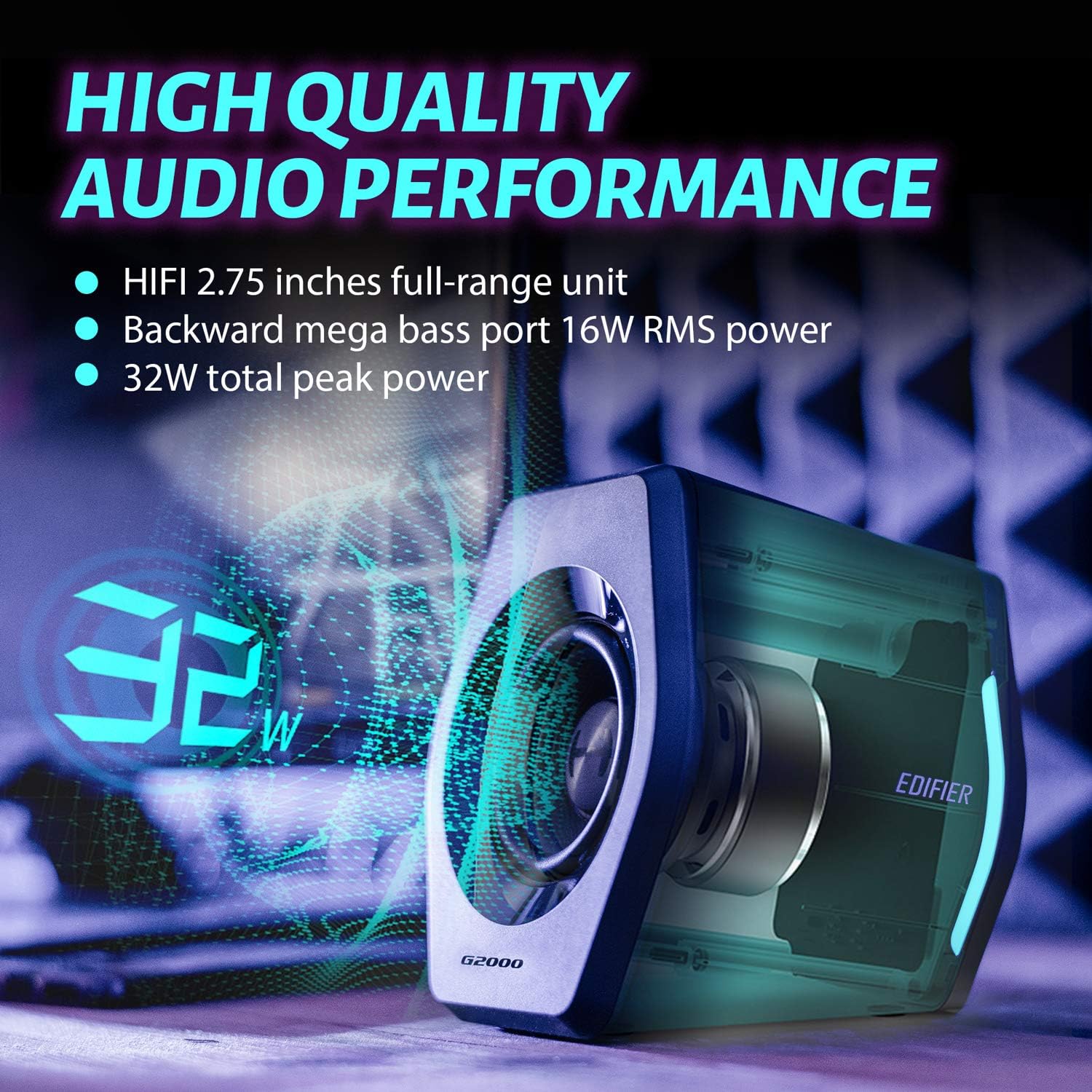 PARLANTES PARA PC EDIFIER G2000 32W BLUETOOTH USB AUX RGB NEGRO - 2