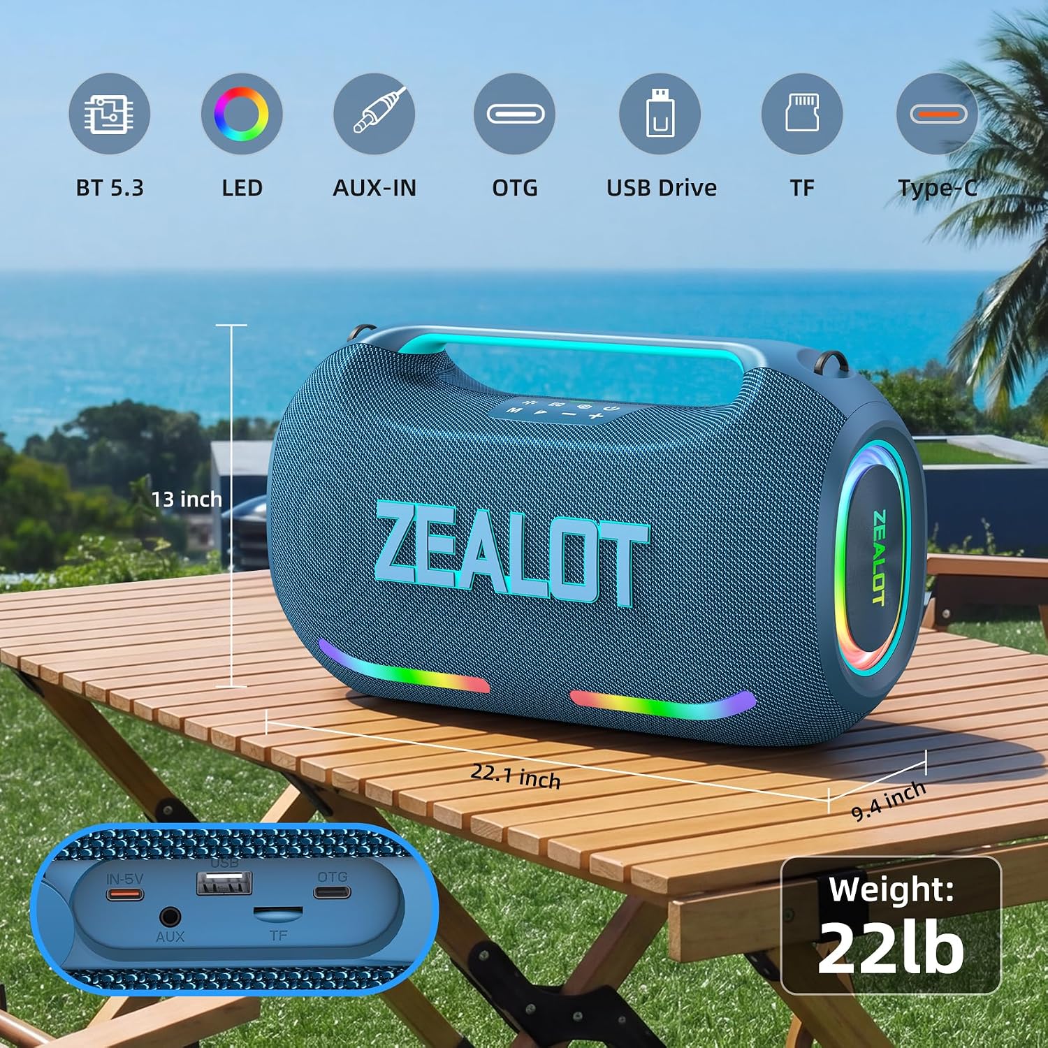 PARLANTE BLUETOOTH ZEALOT ZE41 400W AZUL CON SUBWOOFER - 2