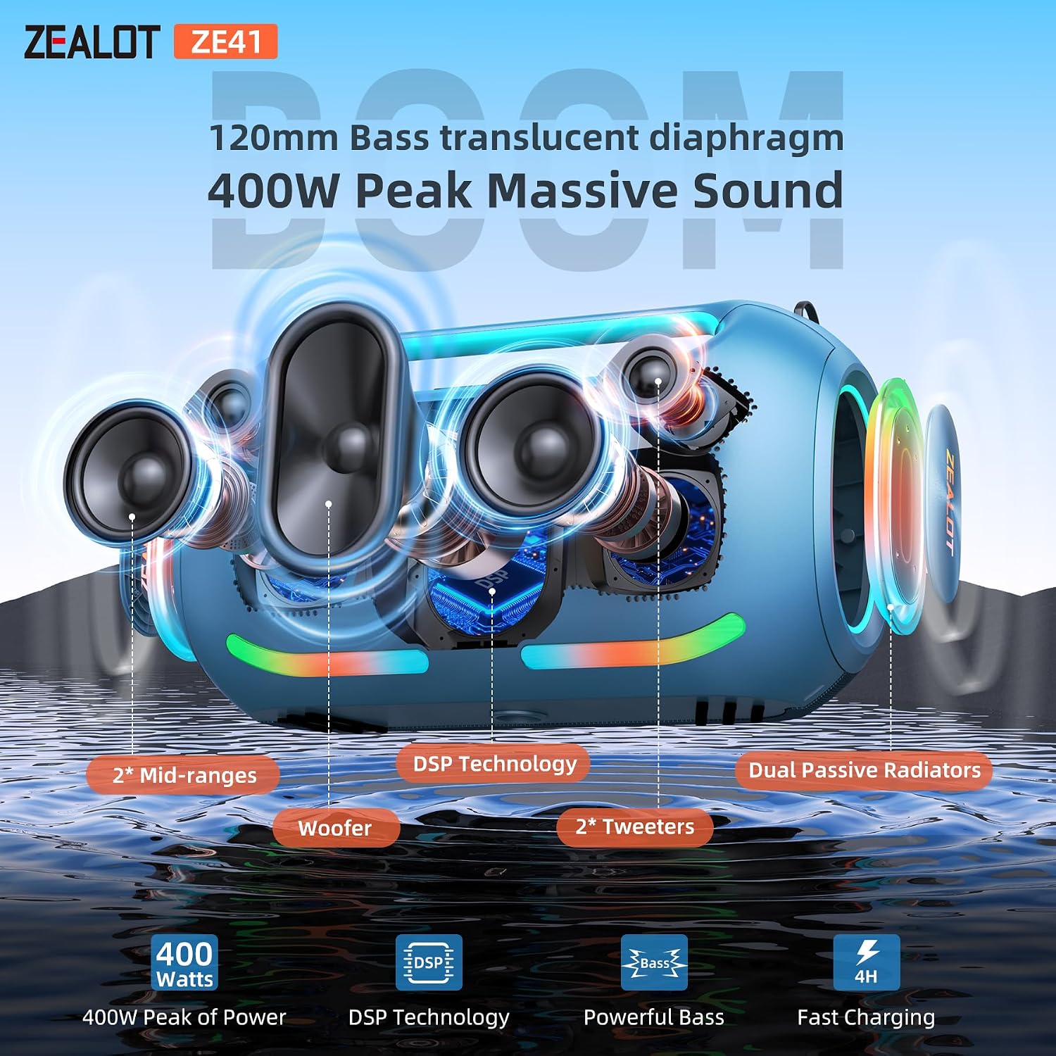 PARLANTE BLUETOOTH ZEALOT ZE41 400W AZUL CON SUBWOOFER - 3