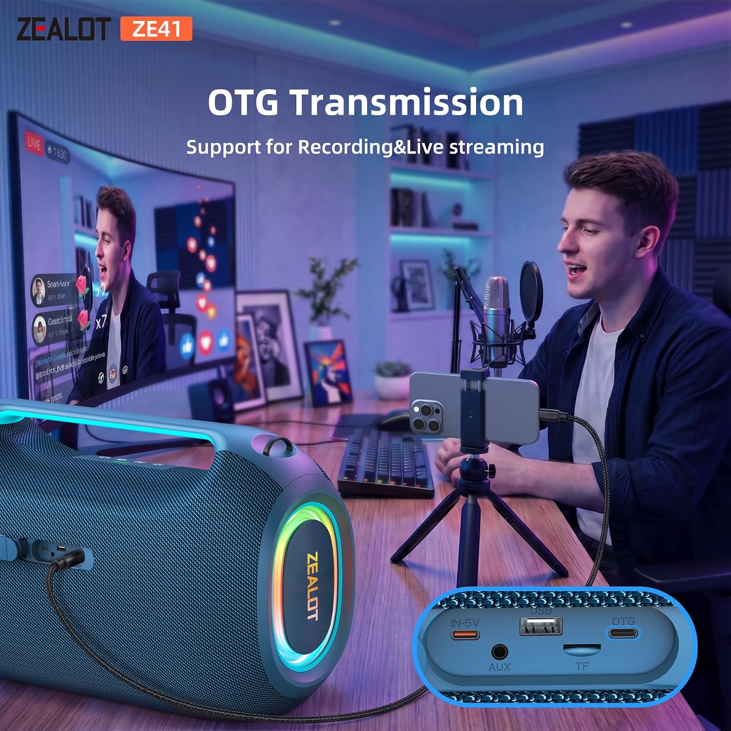 PARLANTE BLUETOOTH ZEALOT ZE41 400W AZUL CON SUBWOOFER - 4