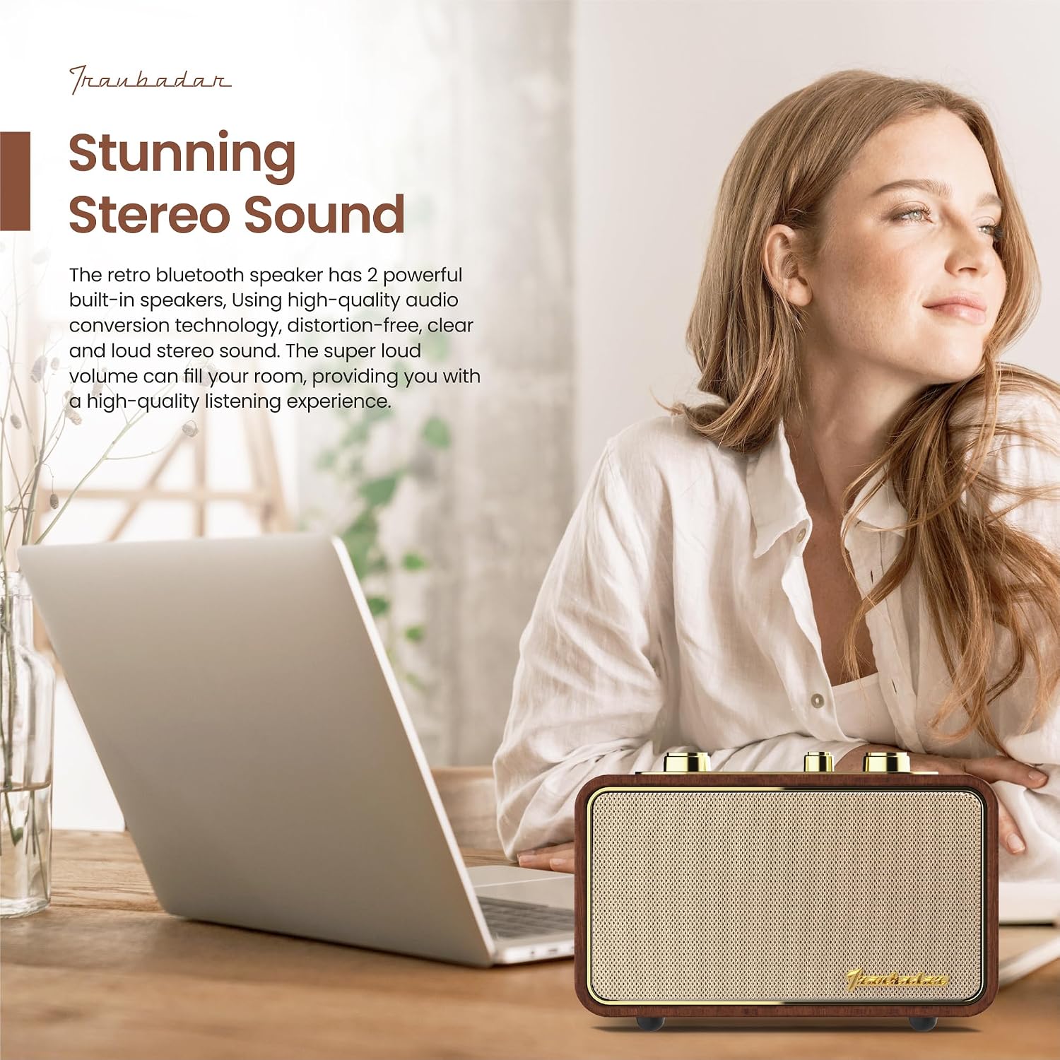 PARLANTE BLUETOOTH RETRO TRENBADER VINTAGE MADERA OSCURA - 2