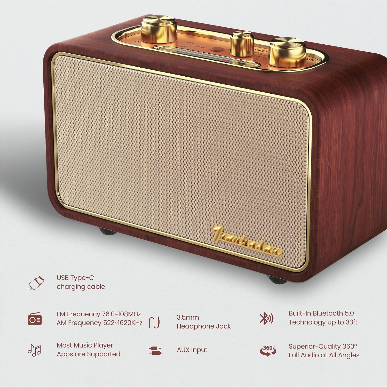 PARLANTE BLUETOOTH RETRO TRENBADER VINTAGE MADERA OSCURA - 3