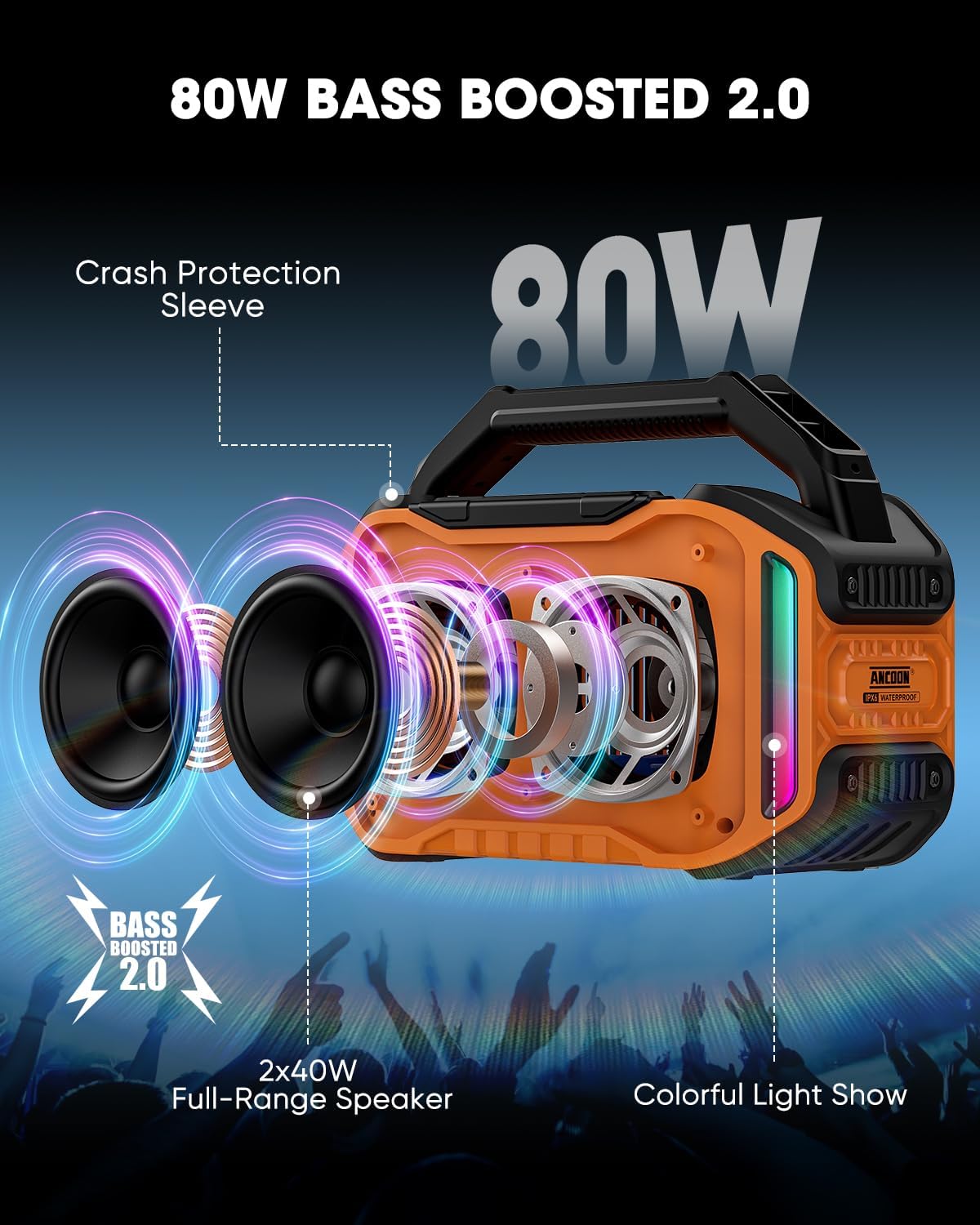 PARLANTE PORTÁTIL ANCOON BLUETOOTH 80W IPX6 NARANJA - 2