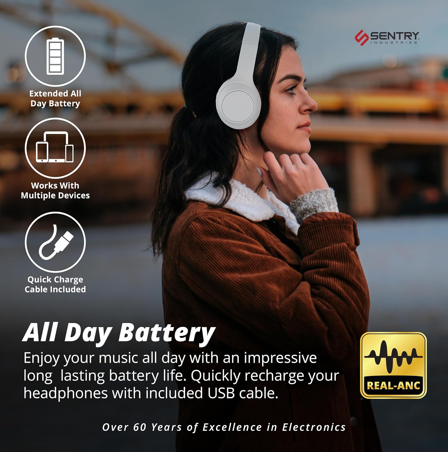 AUDÍFONOS OVER EAR SENTRY OSH BLUETOOTH INALÁMBRICOS CON CANCELACIÓN ACTIVA DE RUIDO, BATERÍA 22 HORAS, BLANCO - 2