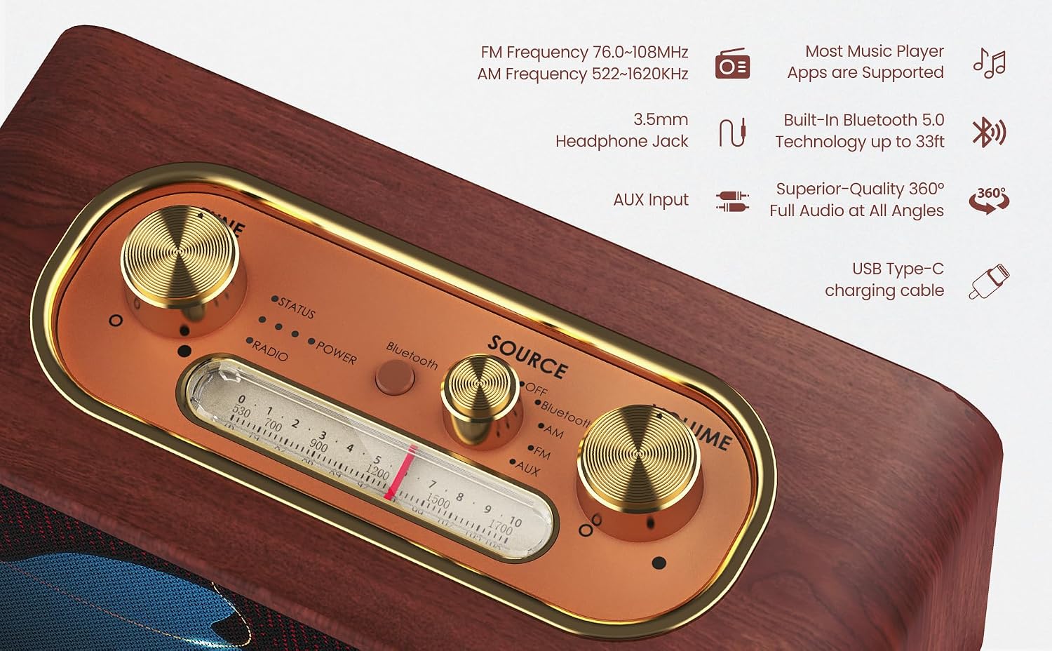 PARLANTE PORTÁTIL BLUETOOTH TRENBADER ARTLINK VINTAGE MADERA NOGAL OSCURO - 3