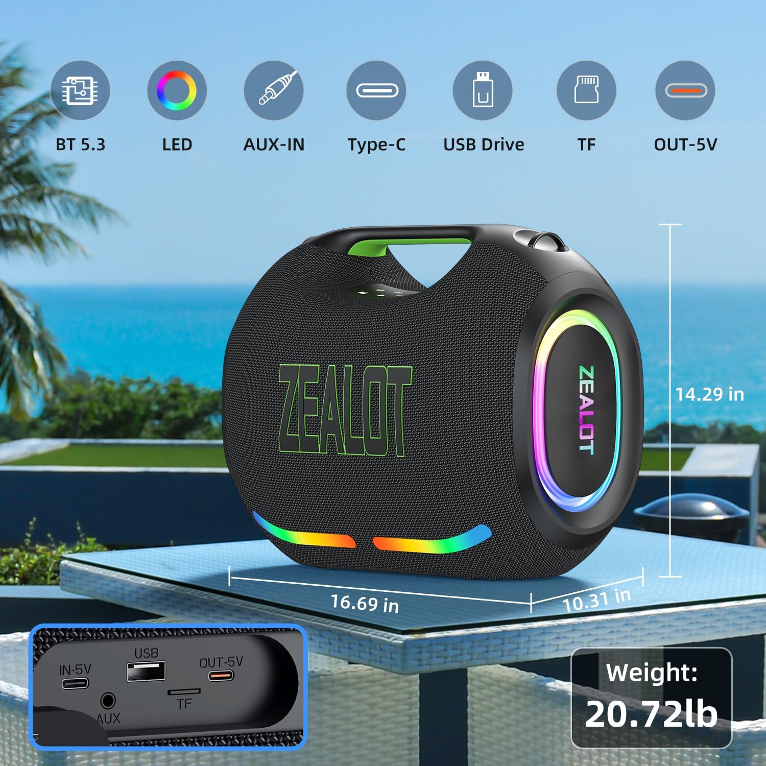 PARLANTE PORTÁTIL BLUETOOTH ZEALOT 350W CON BATERÍA 48000MAH Y LUZ LED - 3